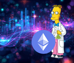 Laboratuvar önlüğü giymiş ve elinde bir beher tutan Simpsonlar karakteri Profesör Frink, büyük bir Ethereum (ETH) logosunun yanında duruyor. Arka planda, soyut veri akışlarıyla dolu fütüristik, parlayan bir dijital şehir görünüyor, bu da kripto alanındaki bilimsel araştırma ve geliştirmeyi akla getiriyor.