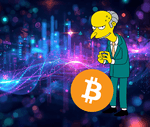 Klasik kötü adam pozunda olan Bay Burns (Mr. Burns), büyük bir Bitcoin (BTC) logosunun yanında duruyor. Arka plan, parlayan, fütüristik bir dijital şehirdir ve muhtemelen Bitcoin'in muazzam gücüne, etkisine ve birikiminde bazılarının algıladığı daha geleneksel, merkezi yönlere işaret ediyor.