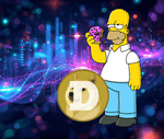 Yarı yenmiş pembe bir donut tutan Homer Simpson, üzerinde Shiba Inu köpeği bulunan belirgin bir Dogecoin (DOGE) logosunun yanında duruyor. Zemin, kripto piyasasının daha mizahi veya meme odaklı yönünü ima edebilecek canlı, fütüristik bir dijital şehirdir.