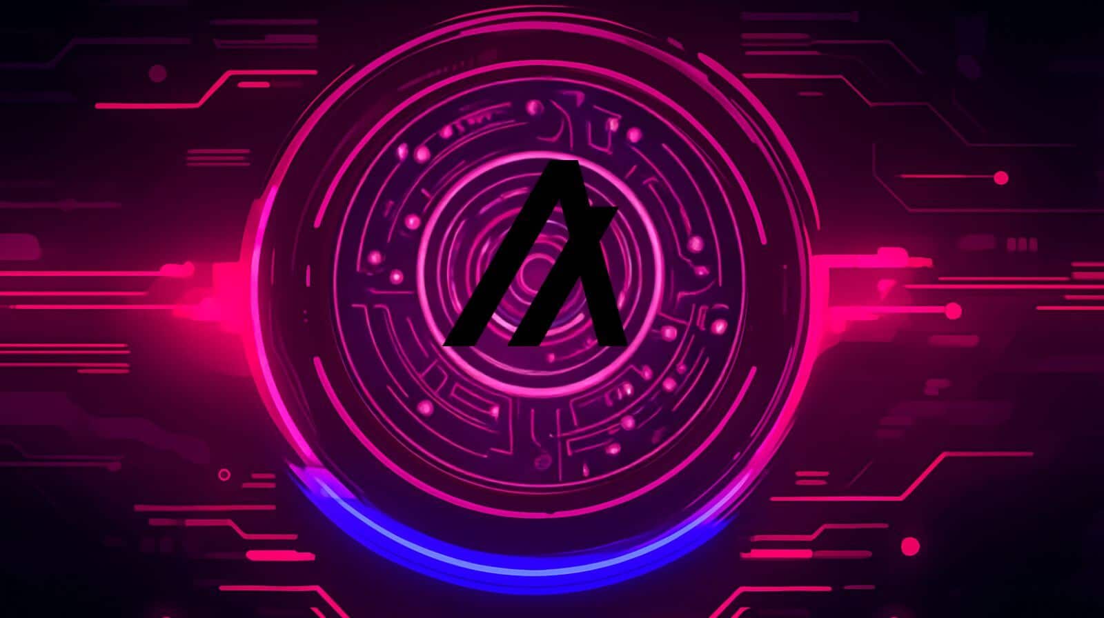A dark, high-tech, digitally-rendered image featuring the Algorand ($\text{A}$)-like logo in black at its center. This logo is set against a large, circular, glowing magenta and pink circuit pattern that resembles a digital vortex or aperture. The background is dark, filled with horizontal and vertical lines of bright magenta and neon-pink light, suggesting a futuristic circuit board, digital transaction, or cyberpunk aesthetic. The overall composition emphasizes the Algorand brand in a powerful, neon-lit digital context.