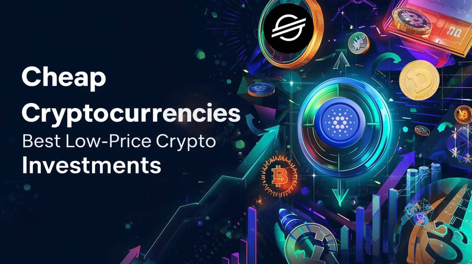 Illustration of various low-cost cryptocurrencies including Bitcoin, Stellar, Cardano, and Dogecoin, with glowing charts and upward arrows, alongside the text ‘Cheap Cryptocurrencies – Best Low-Price Crypto Investments,’ symbolizing affordable investment opportunities in the crypto market.