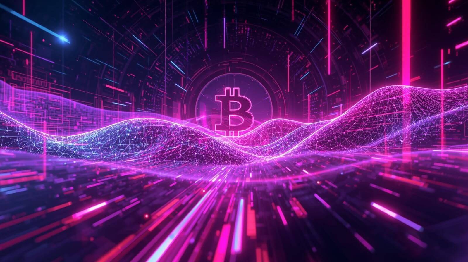 A futuristic digital background with glowing pink and purple network waves and data points, featuring the word ‘Bitwise’ in large white text at the center and the XRP logo with the text ‘XRP’ displayed below.