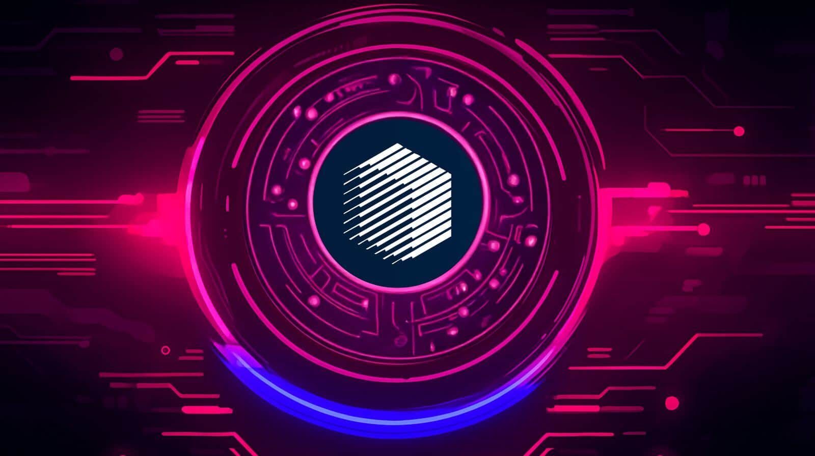 Digital artwork featuring the Render Network (RNDR) cryptocurrency logo in the center of a glowing futuristic circuit design with pink and blue neon lights on a dark background.