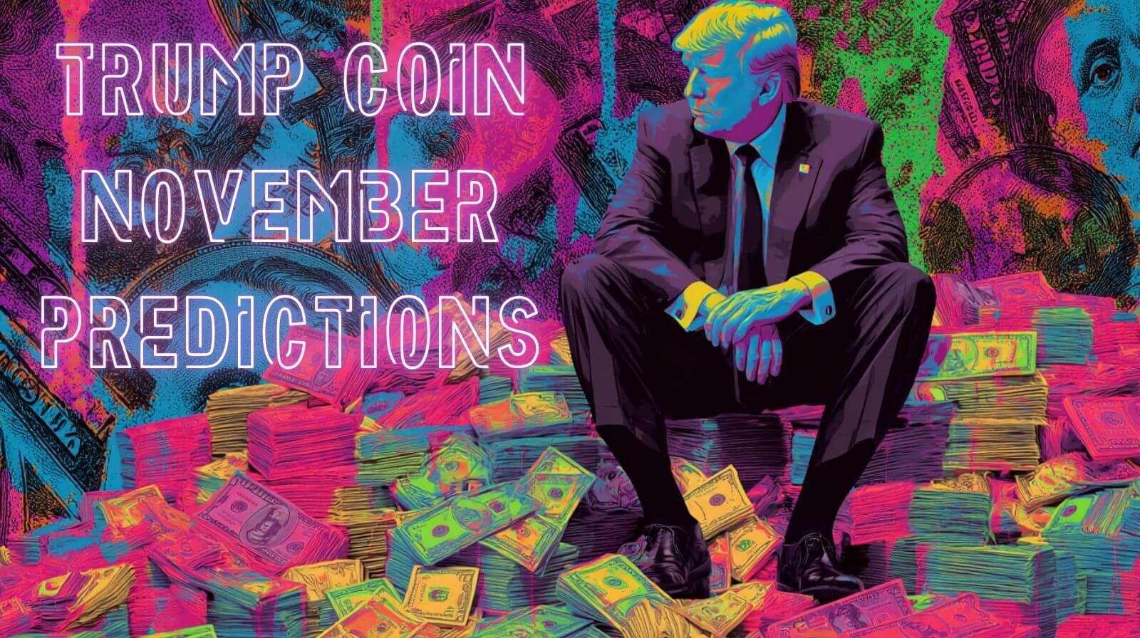 A colorful digital illustration showing a man in a suit sitting on stacks of money with the text "TRUMP COIN NOVEMBER PREDICTIONS" in bold neon letters.
