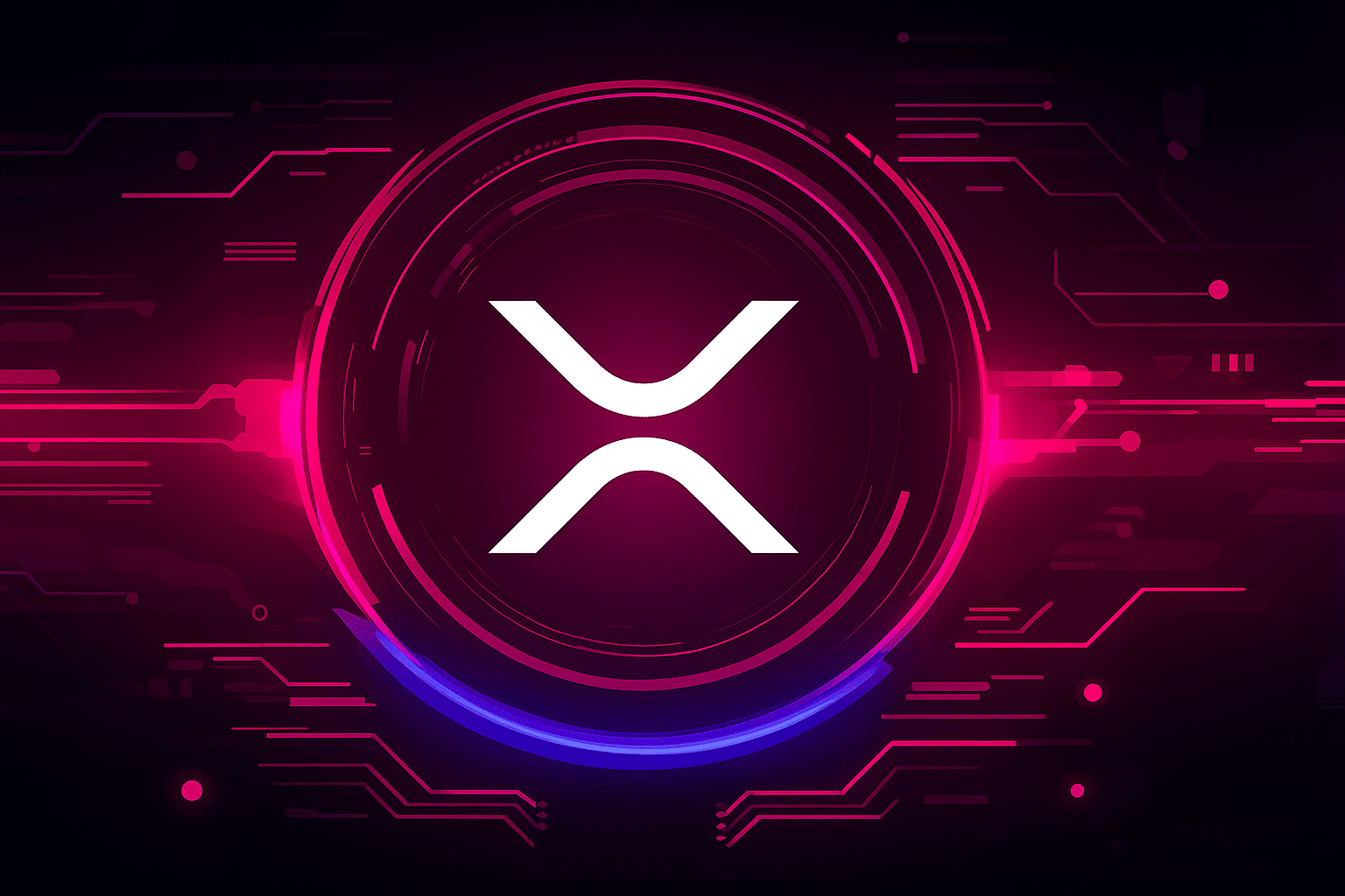 Futuristic neon artwork featuring the XRP cryptocurrency logo glowing at the center of a pink and blue digital circuit background.