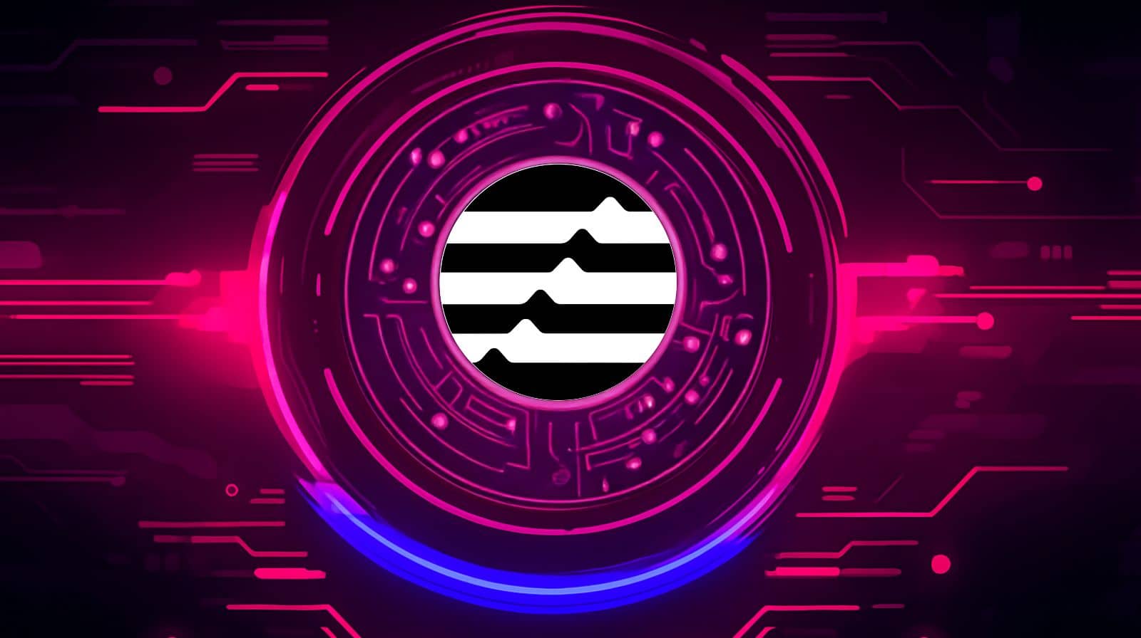 Digital artwork featuring the Aptos (APT) cryptocurrency logo in the center of a glowing futuristic circuit design with pink and blue neon lights on a dark background.