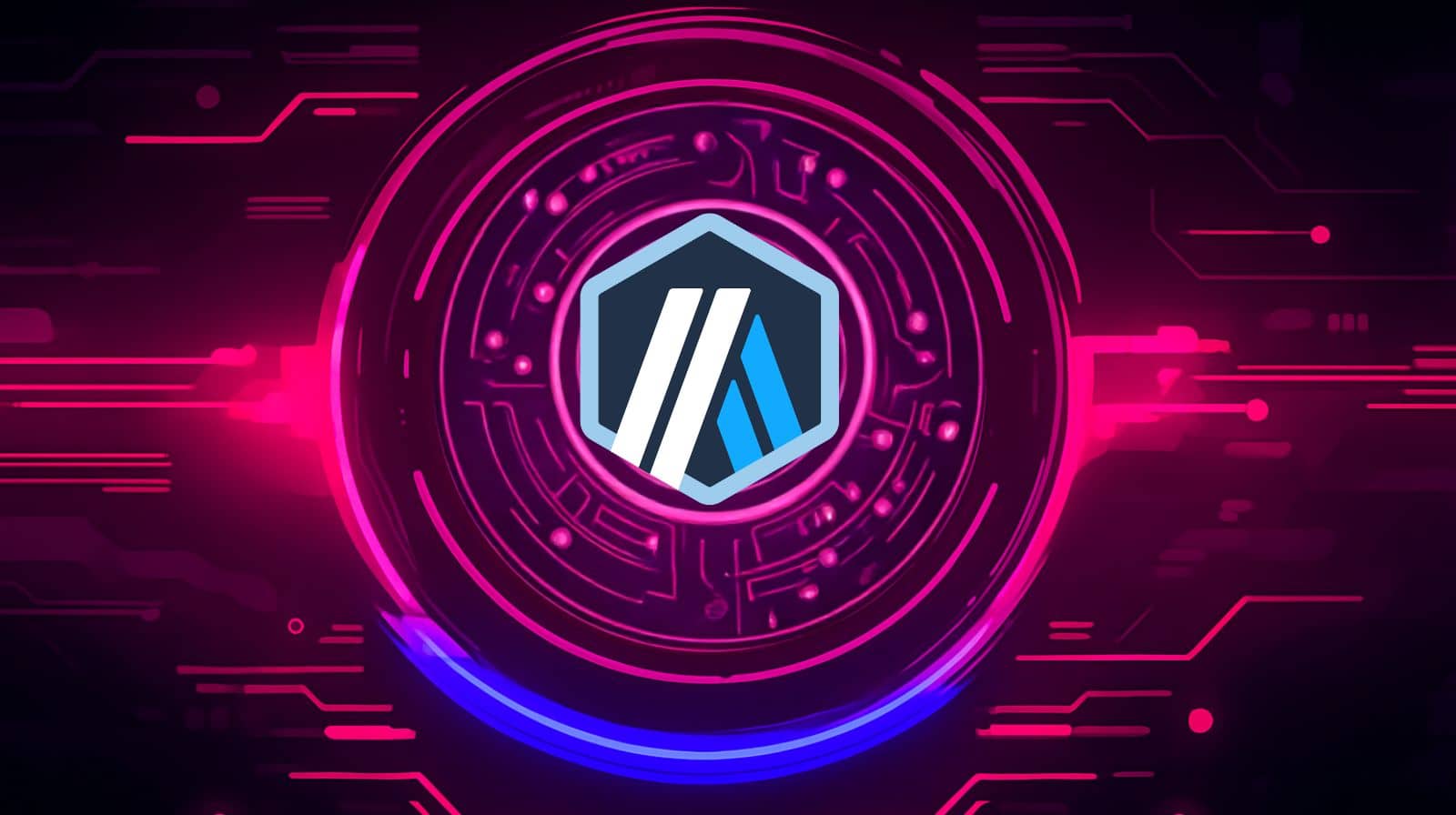 Digital artwork featuring the Arbitrum cryptocurrency logo in the center of a glowing futuristic circuit design with pink and blue neon lights on a dark background.