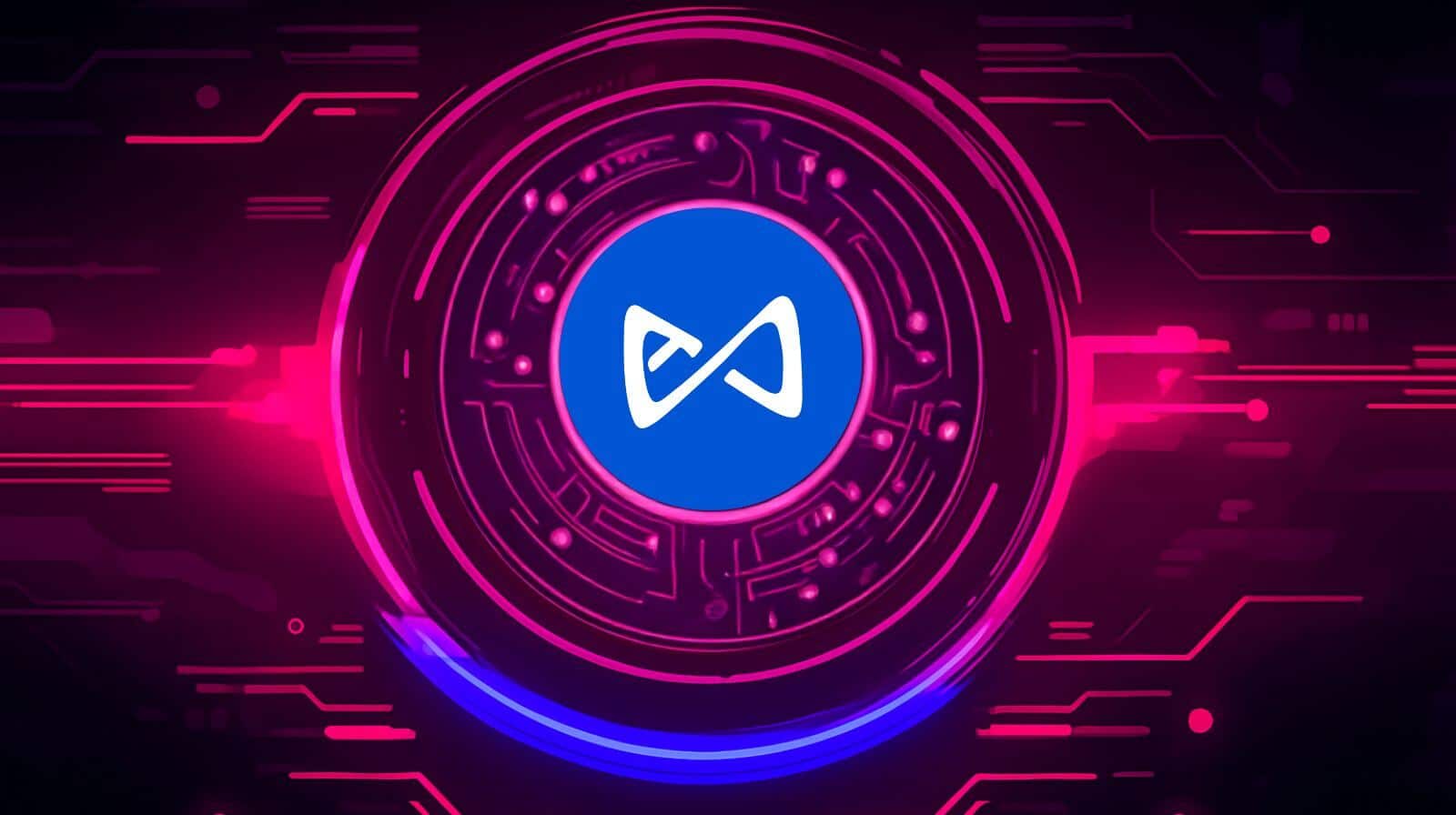 A digital illustration featuring the Axie Infinity logo in the center of a glowing pink and blue futuristic circuit design.