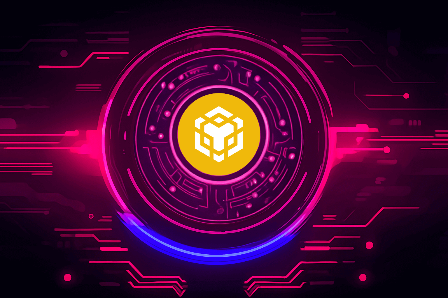 Futuristic neon illustration featuring the Binance Smart Chain logo glowing at the center of a yellow circle, surrounded by pink and blue digital circuit patterns.