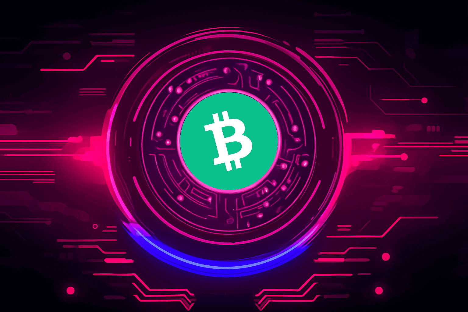 The Bitcoin Cash (BCH) logo—a white 'B' on a green circle—is centered within a dynamic, glowing neon pink and blue digital circuit background, suggesting a cryptocurrency theme.