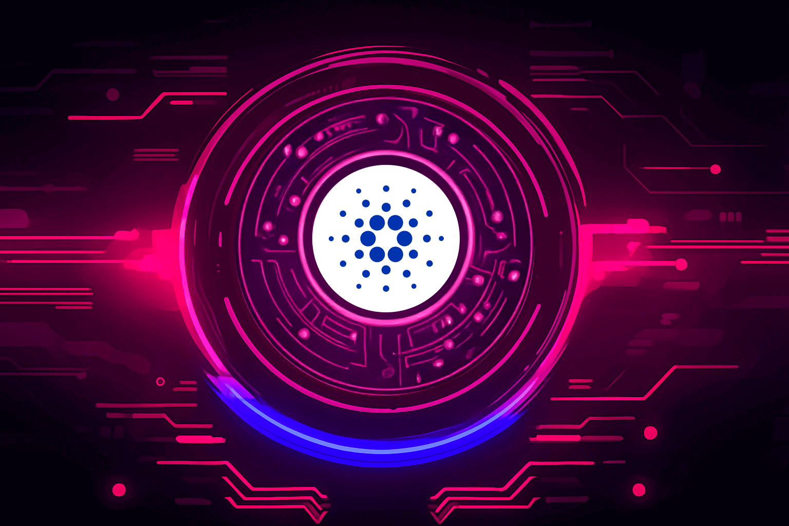 Futuristic neon illustration featuring the Cardano (ADA) cryptocurrency logo in the center of a glowing pink and blue digital circuit background.