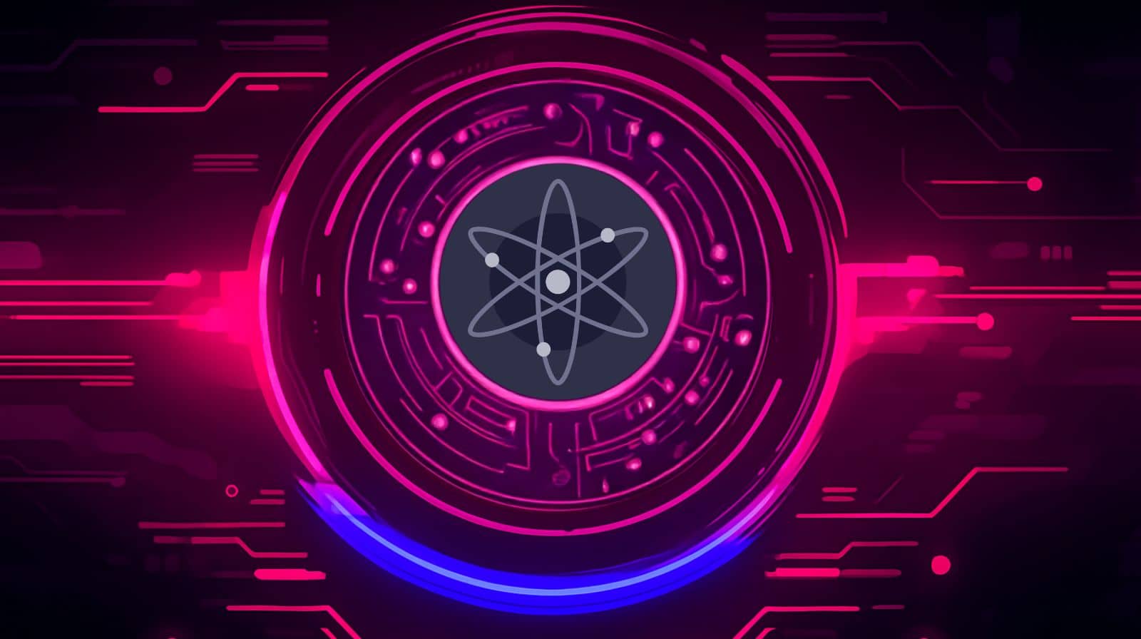 Digital artwork featuring the Cosmos (ATOM) cryptocurrency logo in the center of a glowing futuristic circuit design with pink and blue neon lights on a dark background.