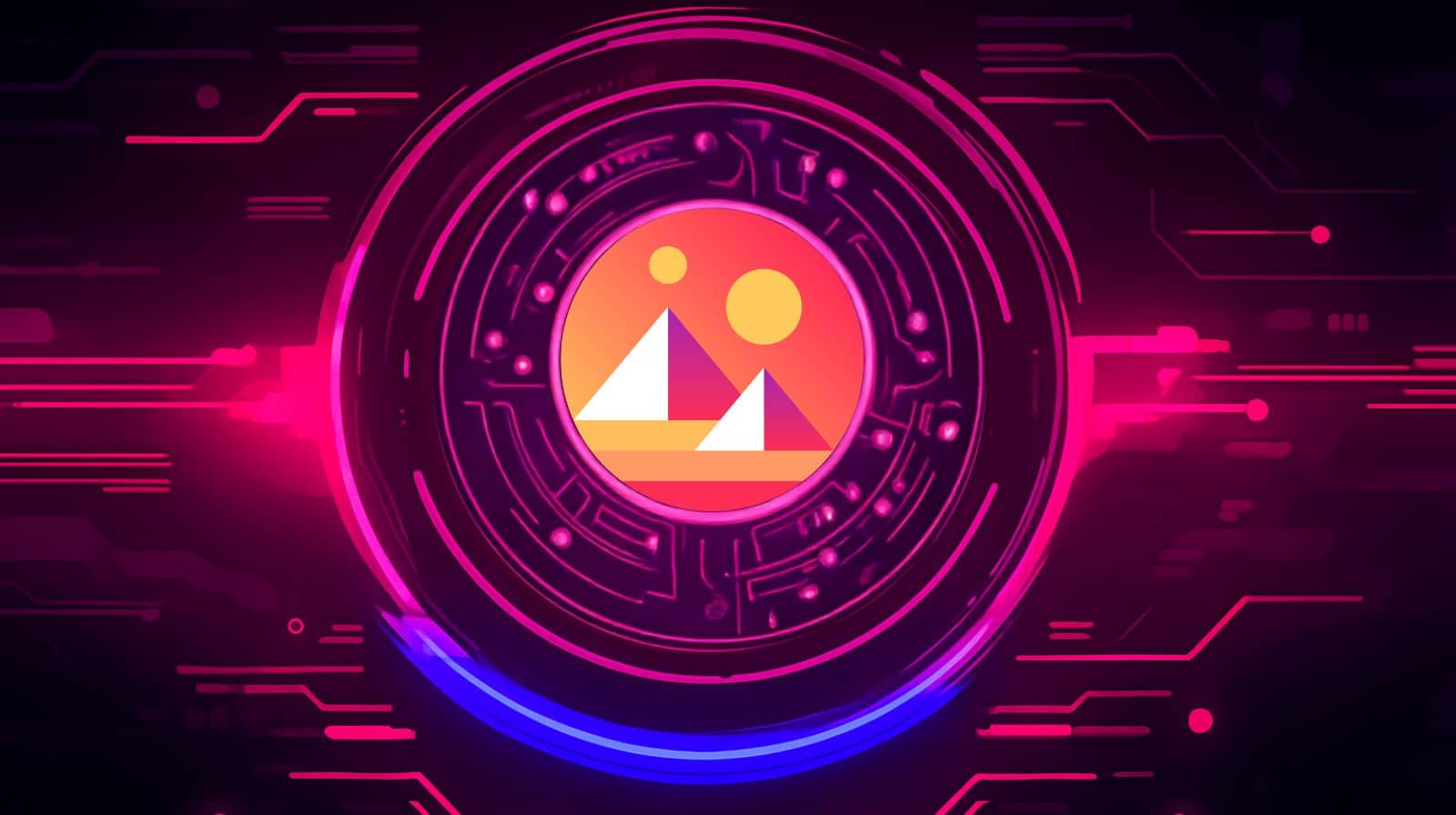 Digital artwork featuring the Decentraland (MANA) cryptocurrency logo in the center of a glowing futuristic circuit design with pink and blue neon lights on a dark background.