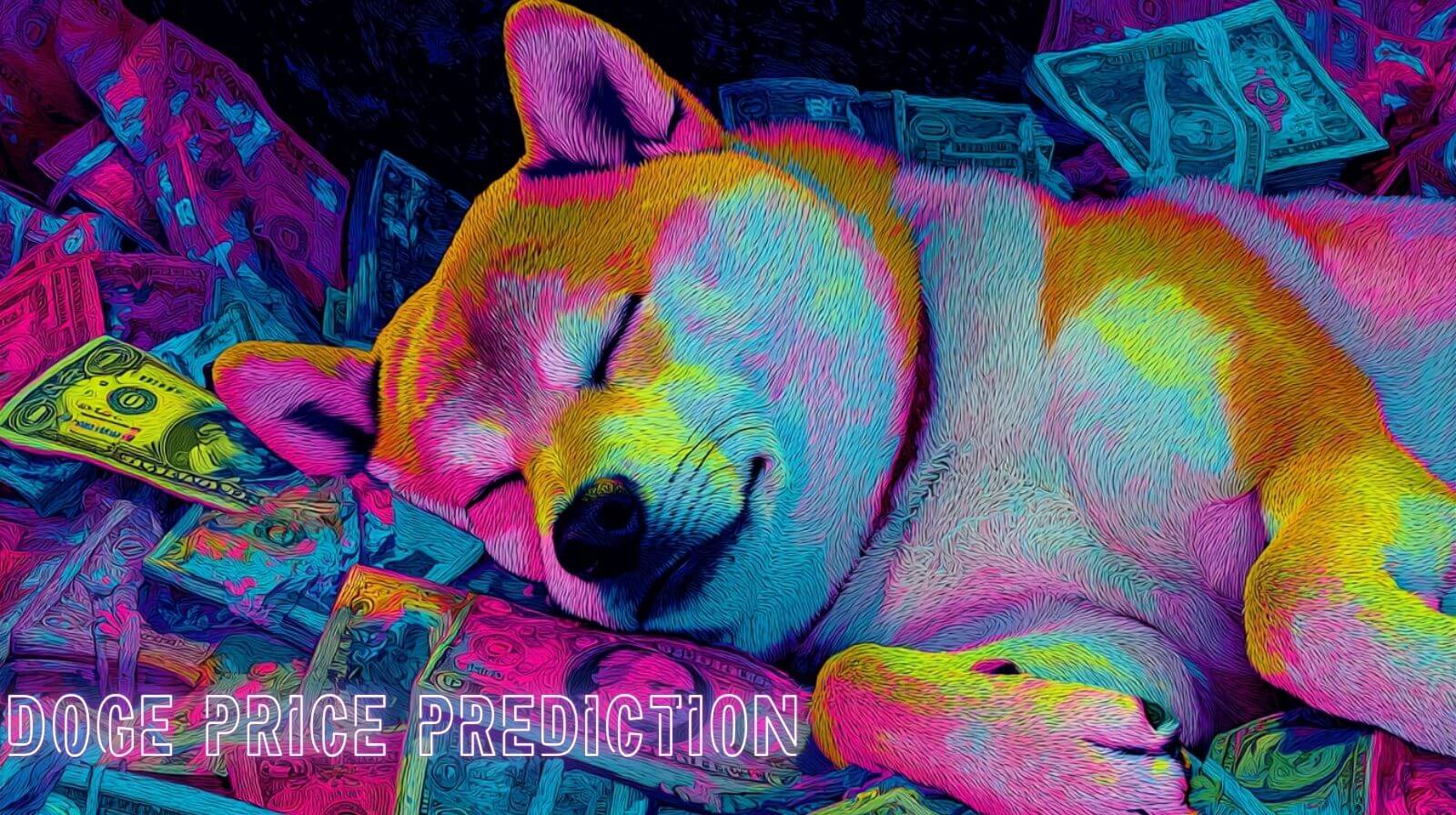 A colorful digital artwork of a Shiba Inu dog sleeping on piles of money, symbolizing Dogecoin, with the text “DOGE PRICE PREDICTION” at the bottom.