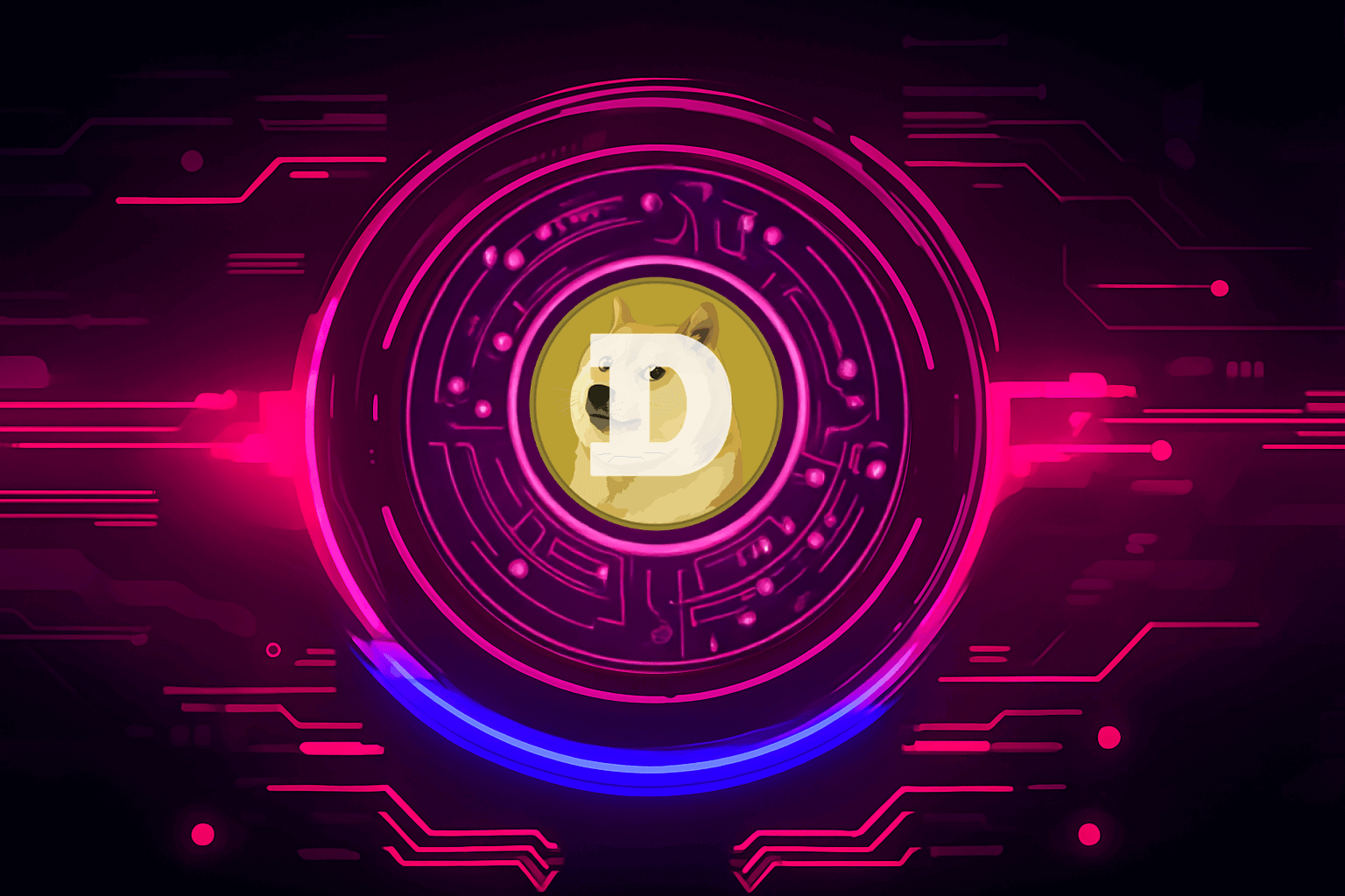 Futuristic neon illustration showing the Dogecoin logo with the Shiba Inu dog at the center of a glowing pink and blue digital circuit background.