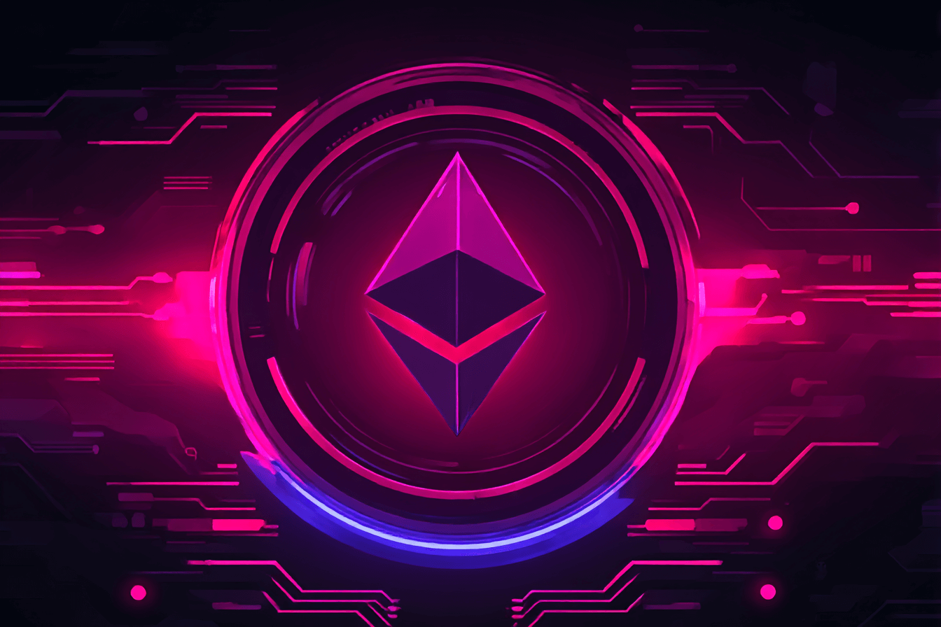 Neon cyberpunk digital illustration of the Ethereum logo glowing in pink and purple tones. The symbol is surrounded by circular neon rings and circuit-board patterns, representing blockchain technology, cryptocurrency, and decentralized finance.