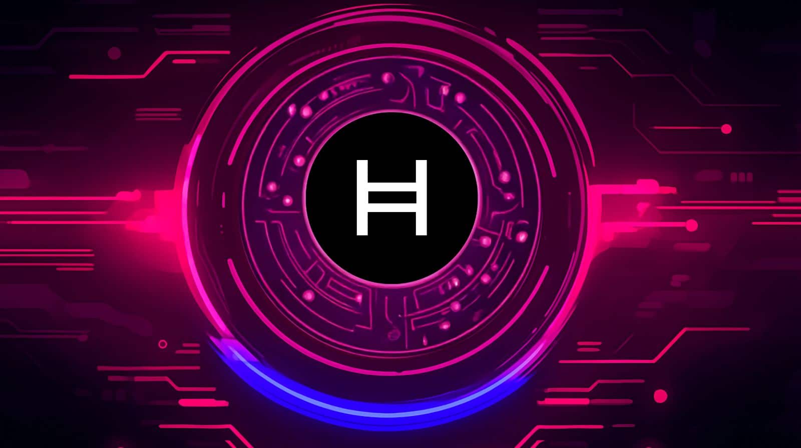 Digital artwork featuring the Hedera (HBAR) cryptocurrency logo in the center of a glowing futuristic circuit design with pink and blue neon lights on a dark background.