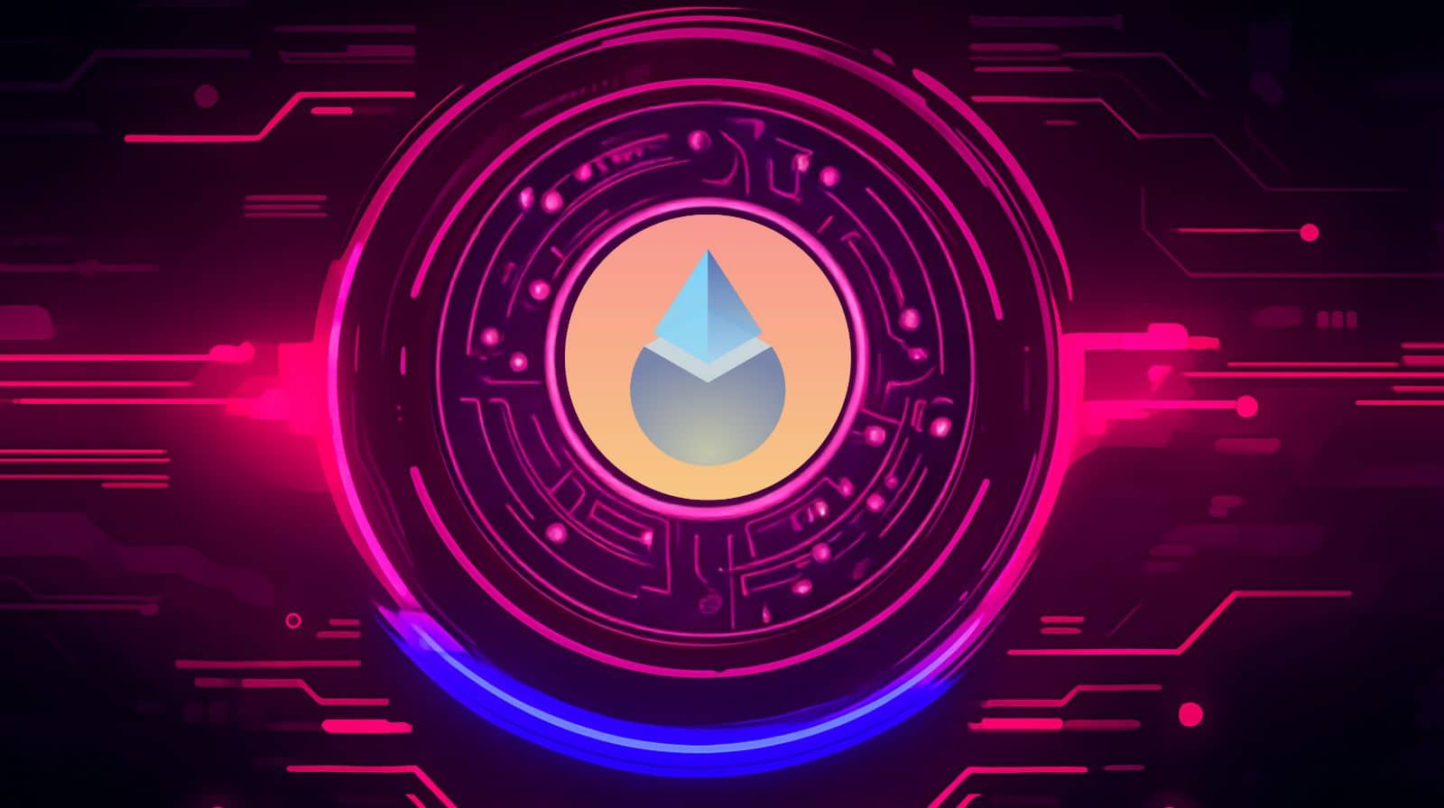Digital artwork featuring the Lido DAO (LDO) cryptocurrency logo in the center of a glowing futuristic circuit design with pink and blue neon lights on a dark background.