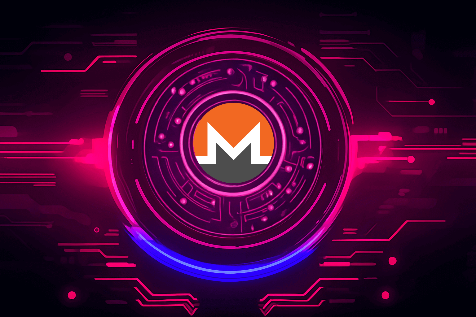 A futuristic purple and pink digital circuit board with the monero logo