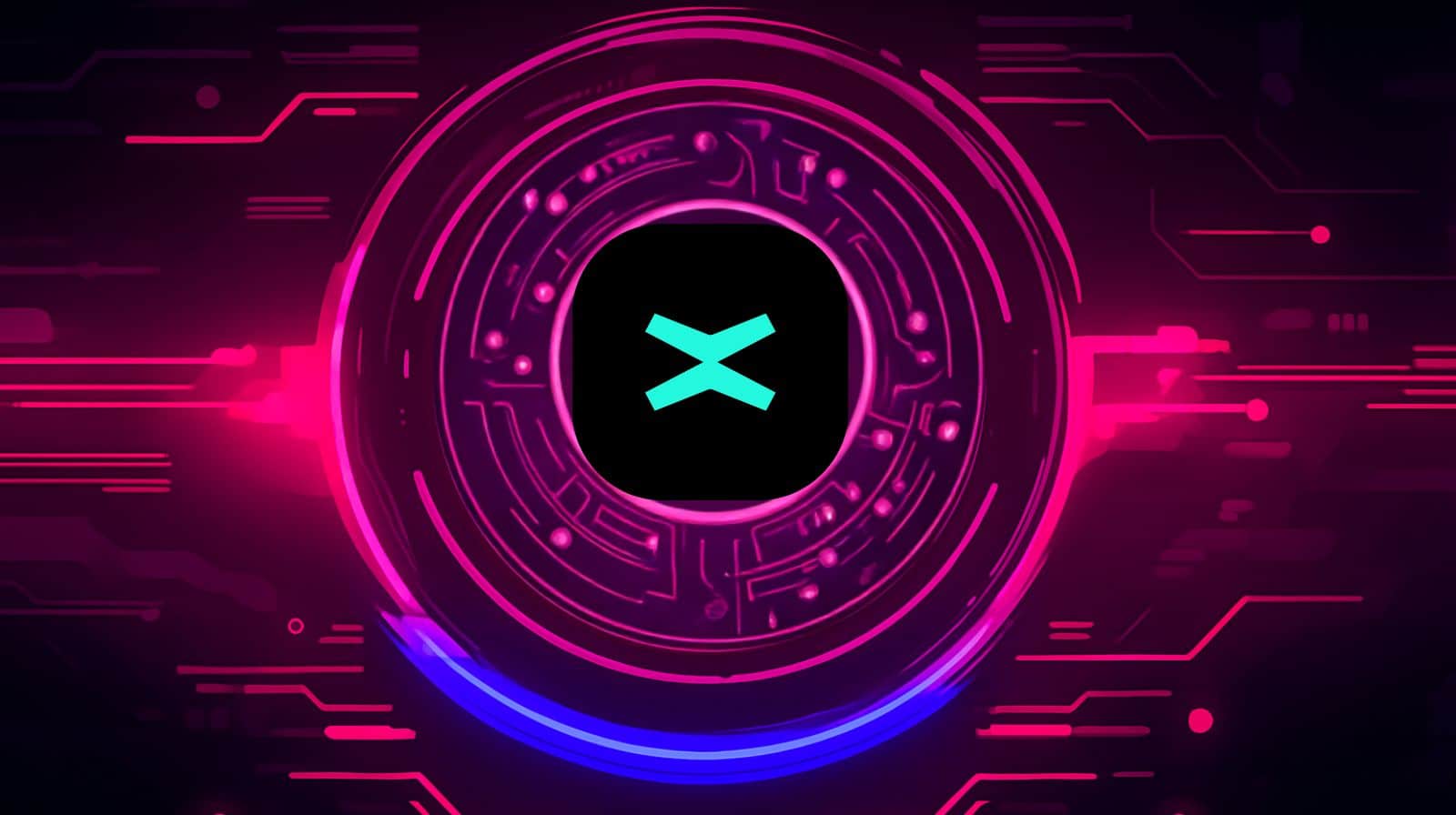 A glowing digital illustration featuring the MultiversX (EGLD) logo in the center, surrounded by neon pink and blue circuitry patterns.