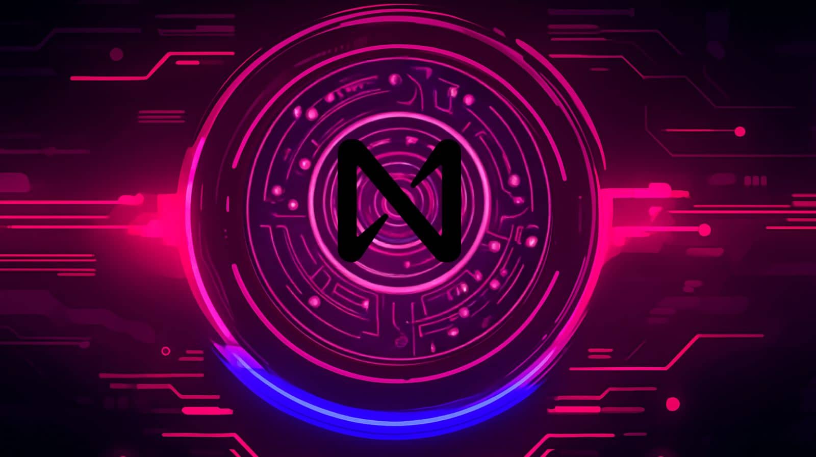 Digital artwork featuring the NEAR Protocol (NEAR) cryptocurrency logo in the center of a glowing futuristic circuit design with pink and blue neon lights on a dark background.