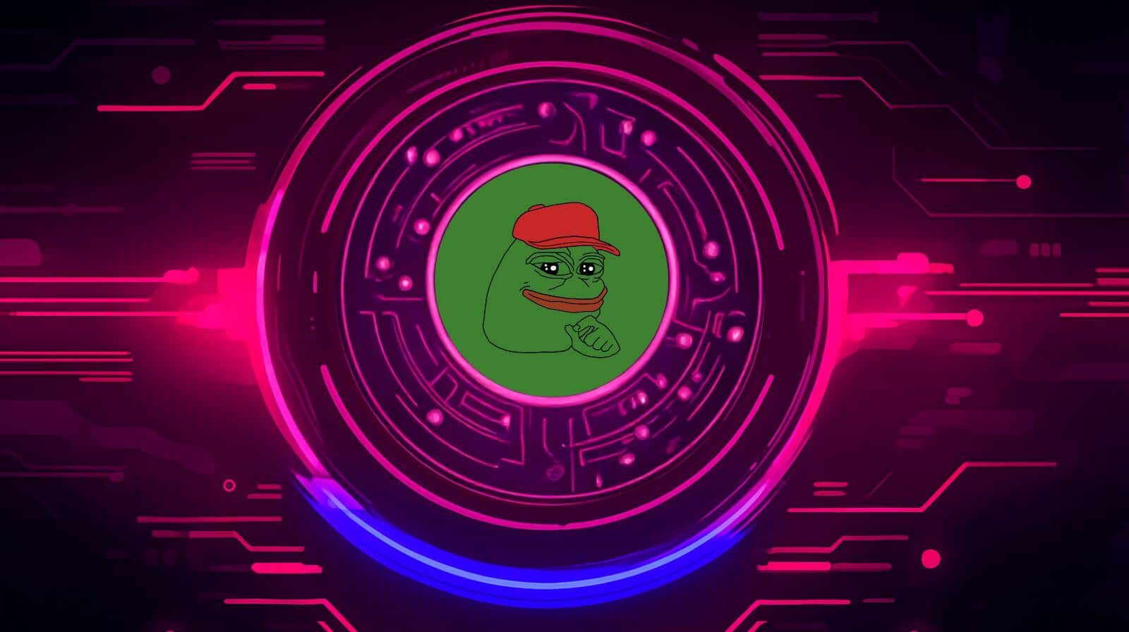 A neon cyber-themed background with pink and blue glowing circuit patterns, featuring a circular frame in the center containing a cartoon frog character (Pepe-style) wearing a red cap and smirking with one hand raised to its chin.
