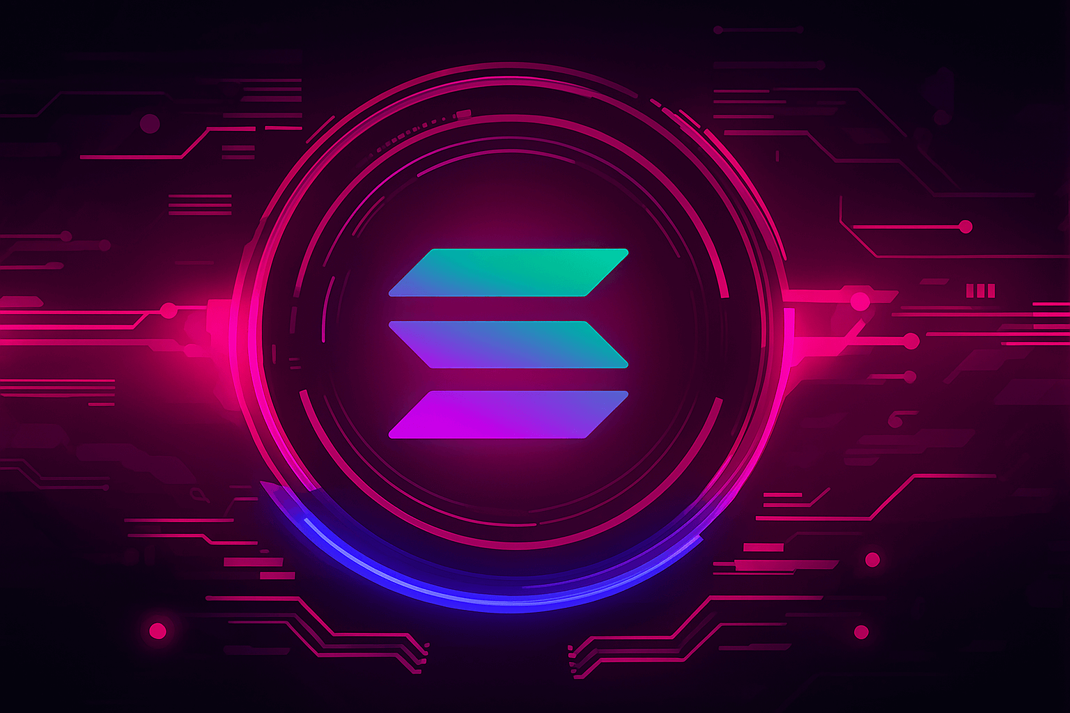 Futuristic neon cyberpunk illustration featuring the Solana logo in the center with glowing magenta and purple tones, surrounded by circular neon rings and circuit patterns. The Solana logo appears as a secondary glowing emblem, integrated into the digital background, symbolizing blockchain networks and cryptocurrency synergy.
