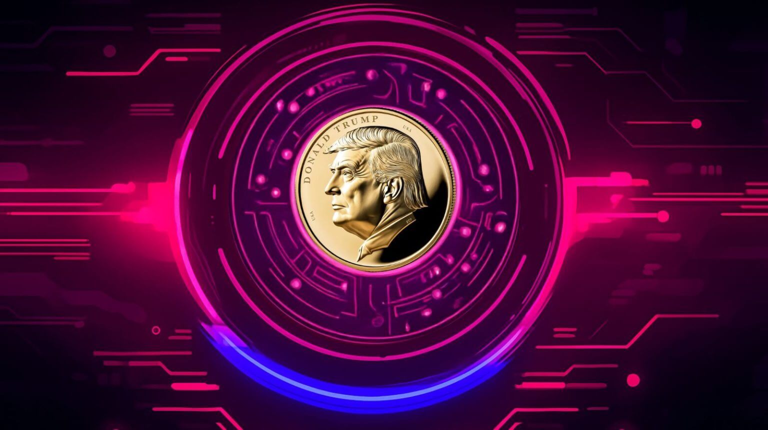 A gold coin featuring a profile of Donald Trump centered in a vibrant, glowing neon pink and blue digital design suggesting a crypto token or blockchain application.