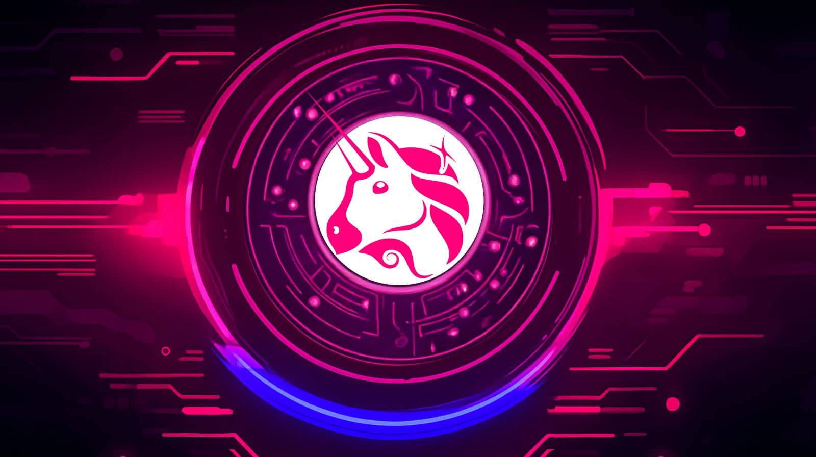 Digital artwork featuring the Uniswap (UNI) cryptocurrency logo in the center of a glowing futuristic circuit design with pink and blue neon lights on a dark background.