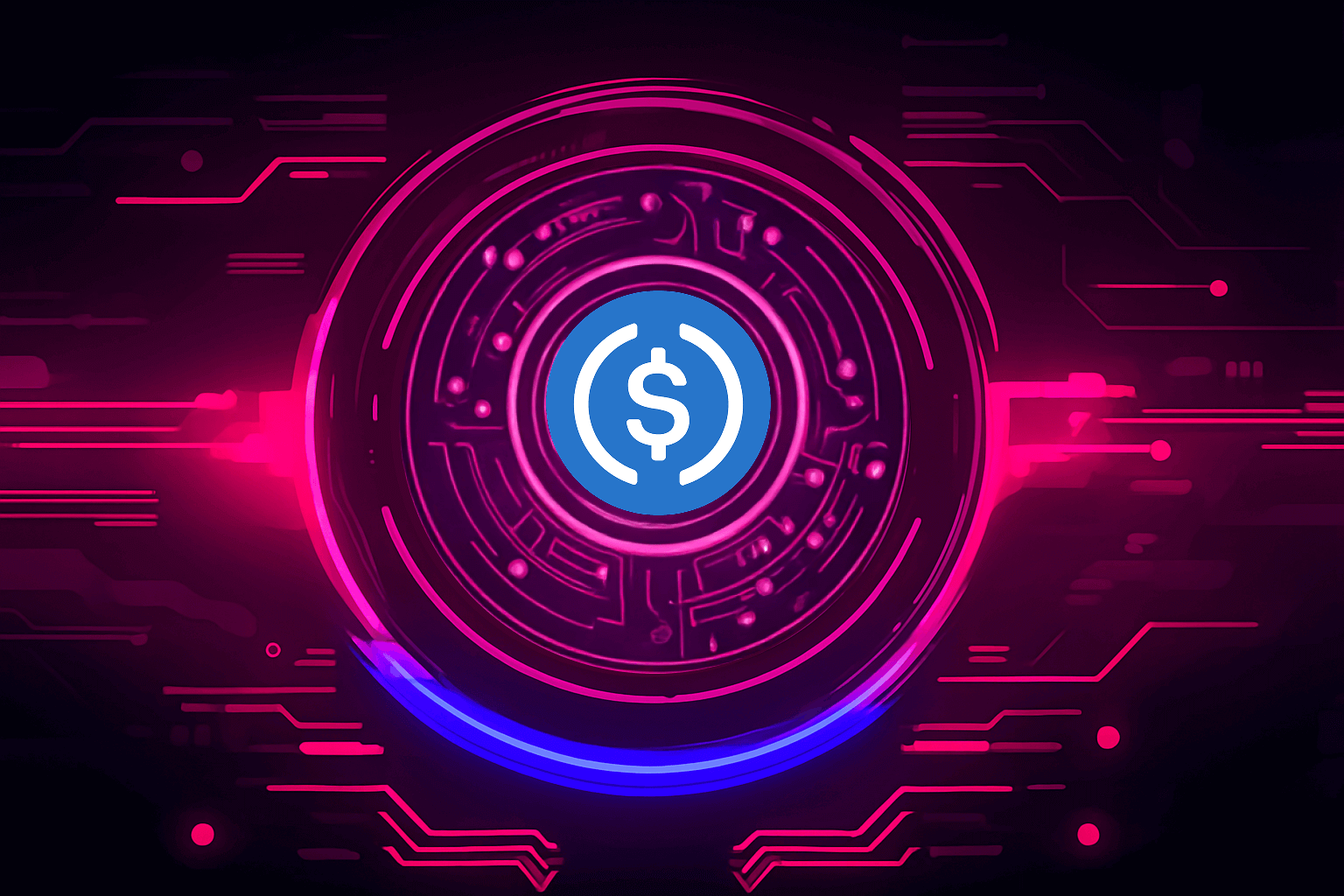 A futuristic, purple and pink digital circuit board with a white dollar sign logo inside a blue circle at the center, this is the usdc crypto coin logo