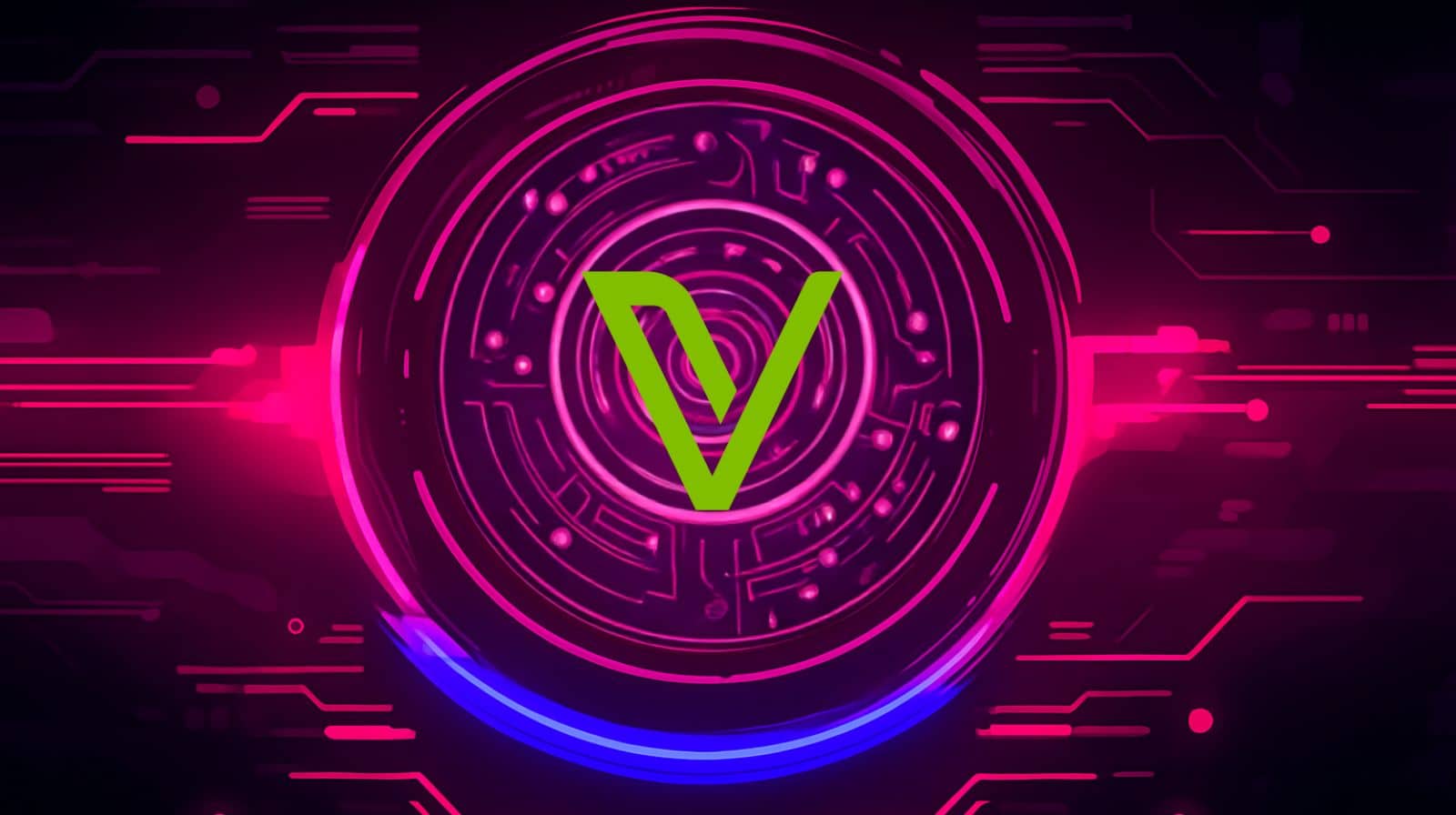 Digital artwork featuring the VeChain (VET) cryptocurrency logo in the center of a glowing futuristic circuit design with pink and blue neon lights on a dark background.