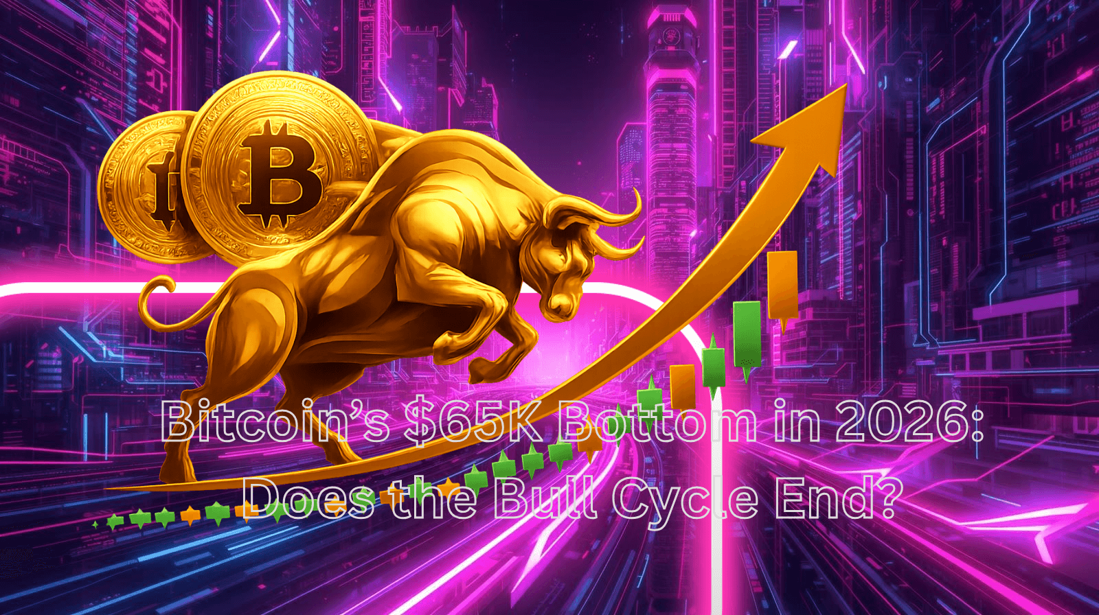 Neon fütüristik şehir arka planında Bitcoin logolu altın boğa, yükselen mum grafikler ve “Bitcoin’s $65K Bottom in 2026: Does the Bull Cycle End?” yazısı bulunan görsel; Bitcoin boğa piyasası ve uzun vadeli fiyat döngülerini temsil ediyor.