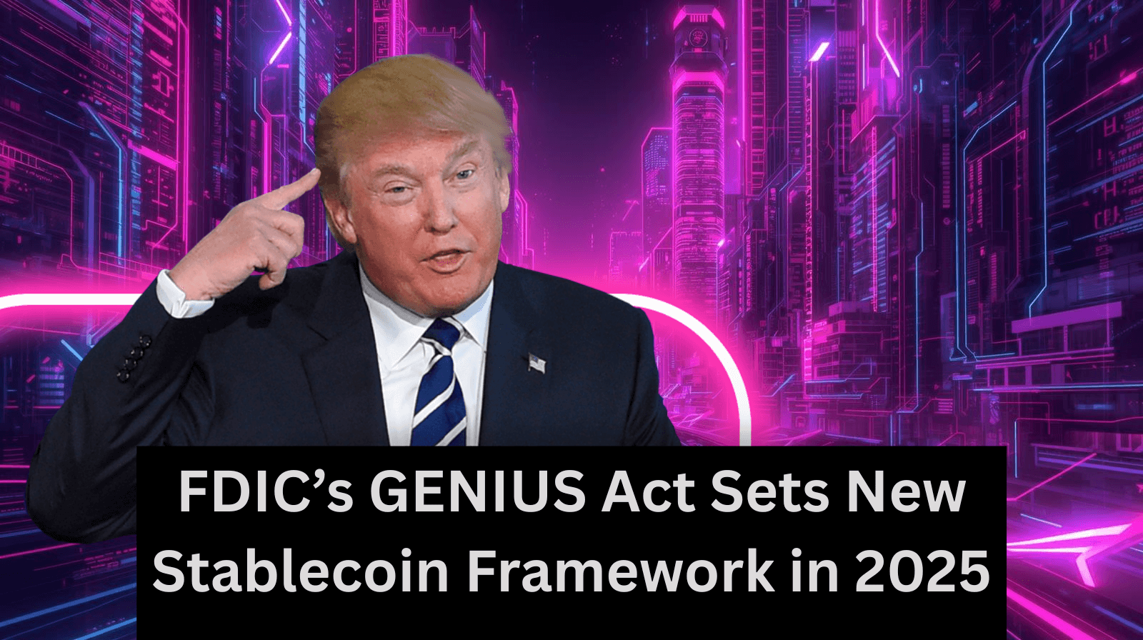 Fütüristik dijital şehir fonunda Donald Trump’ın başını işaret ettiği ve “FDIC’s GENIUS Act Sets New Stablecoin Framework in 2025” yazısının yer aldığı görsel; ABD stablecoin düzenlemeleri ve kripto yasalarını temsil ediyor.