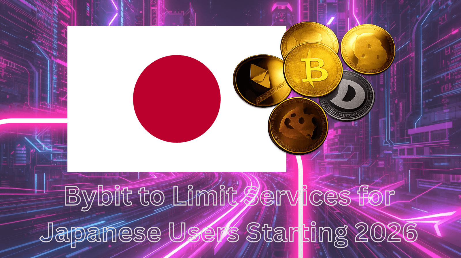 Japonya bayrağı ile birlikte Bitcoin, Ethereum ve Dogecoin kripto paralarını gösteren, fütüristik dijital şehir arka planında “Bybit to Limit Services for Japanese Users Starting 2026” yazılı görsel; Japonya’da kripto düzenlemeleri ve Bybit borsa kısıtlamalarını temsil ediyor.