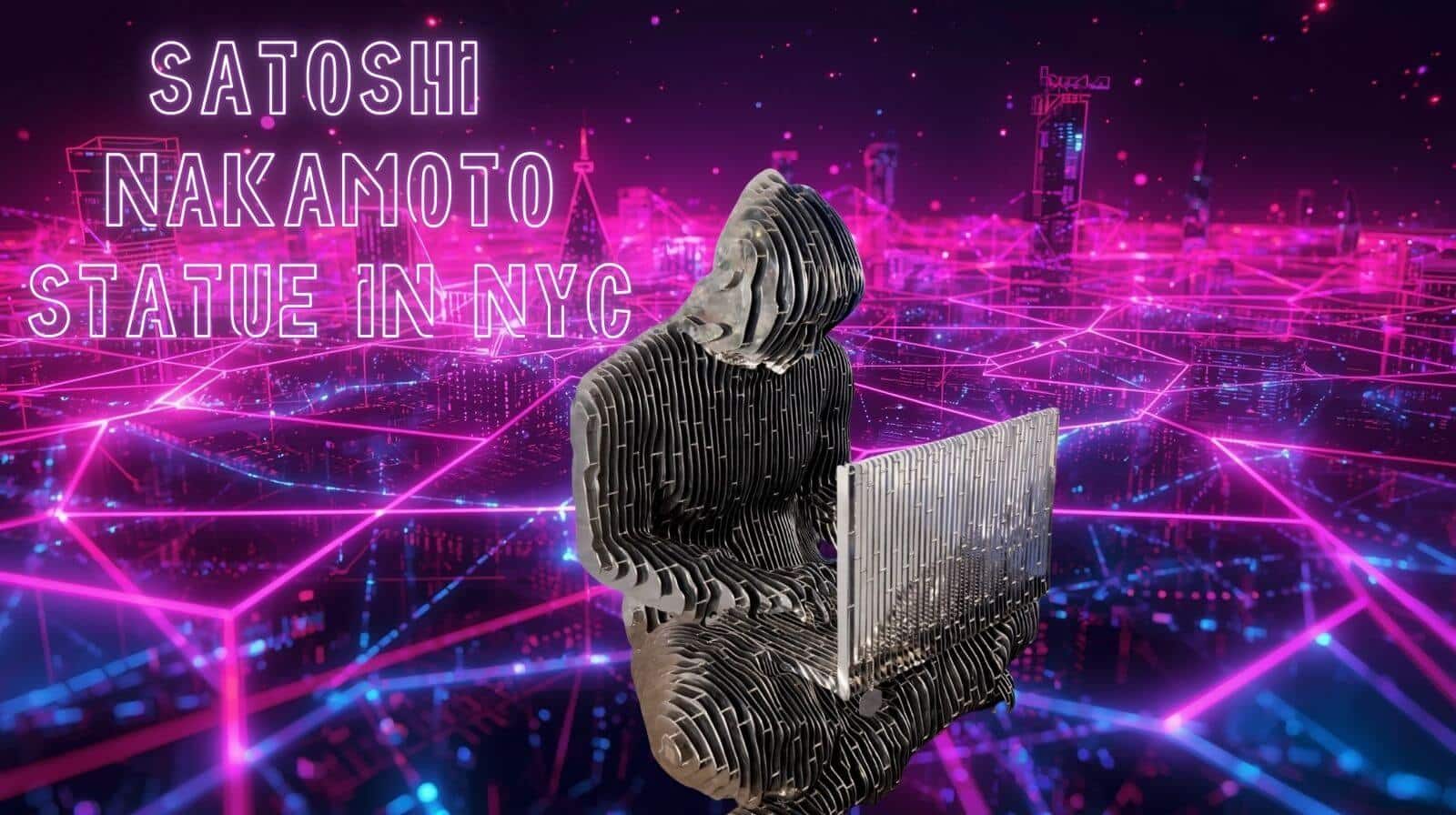 Statue of a seated figure representing Satoshi Nakamoto holding a laptop, set against a futuristic digital cityscape with glowing pink and purple neon grid lines and the text “Satoshi Nakamoto Statue in NYC” above