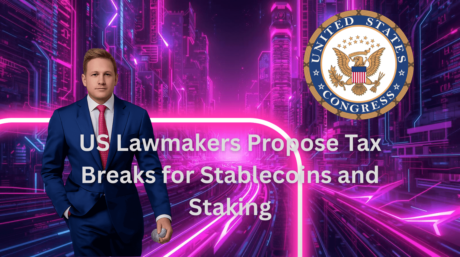 Neon fütüristik şehir arka planında mavi takım elbiseli bir adam, ABD Kongresi mührü ve “US Lawmakers Propose Tax Breaks for Stablecoins and Staking” yazısı; kripto vergi teşvikleri ve staking düzenlemelerini simgeliyor.