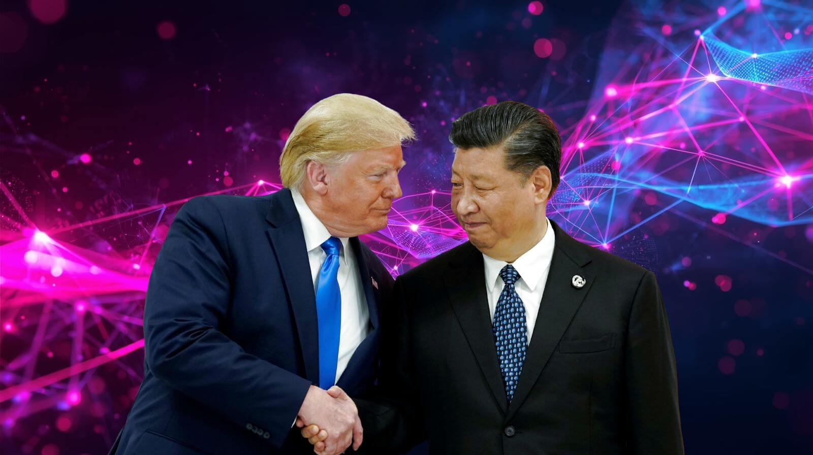 Two men in formal suits shaking hands against a digital background with glowing pink and blue network lines, symbolizing global diplomacy and technology connections.
