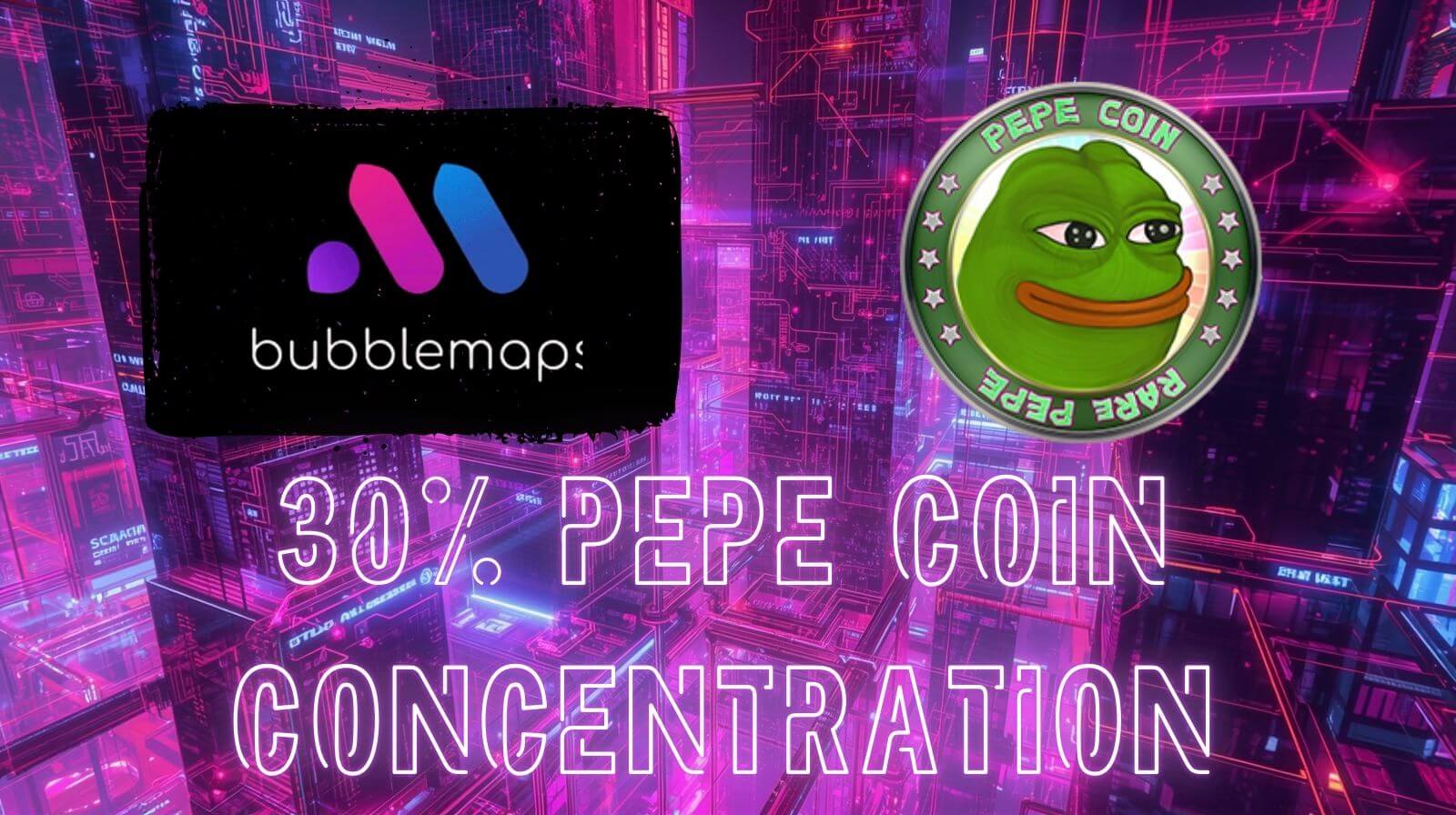 Graphic showing the BubbleMaps logo on the left and a Pepe Coin icon on the right over a neon pink and purple digital city background, with the text “30% PEPE COIN CONCENTRATION” displayed below.
