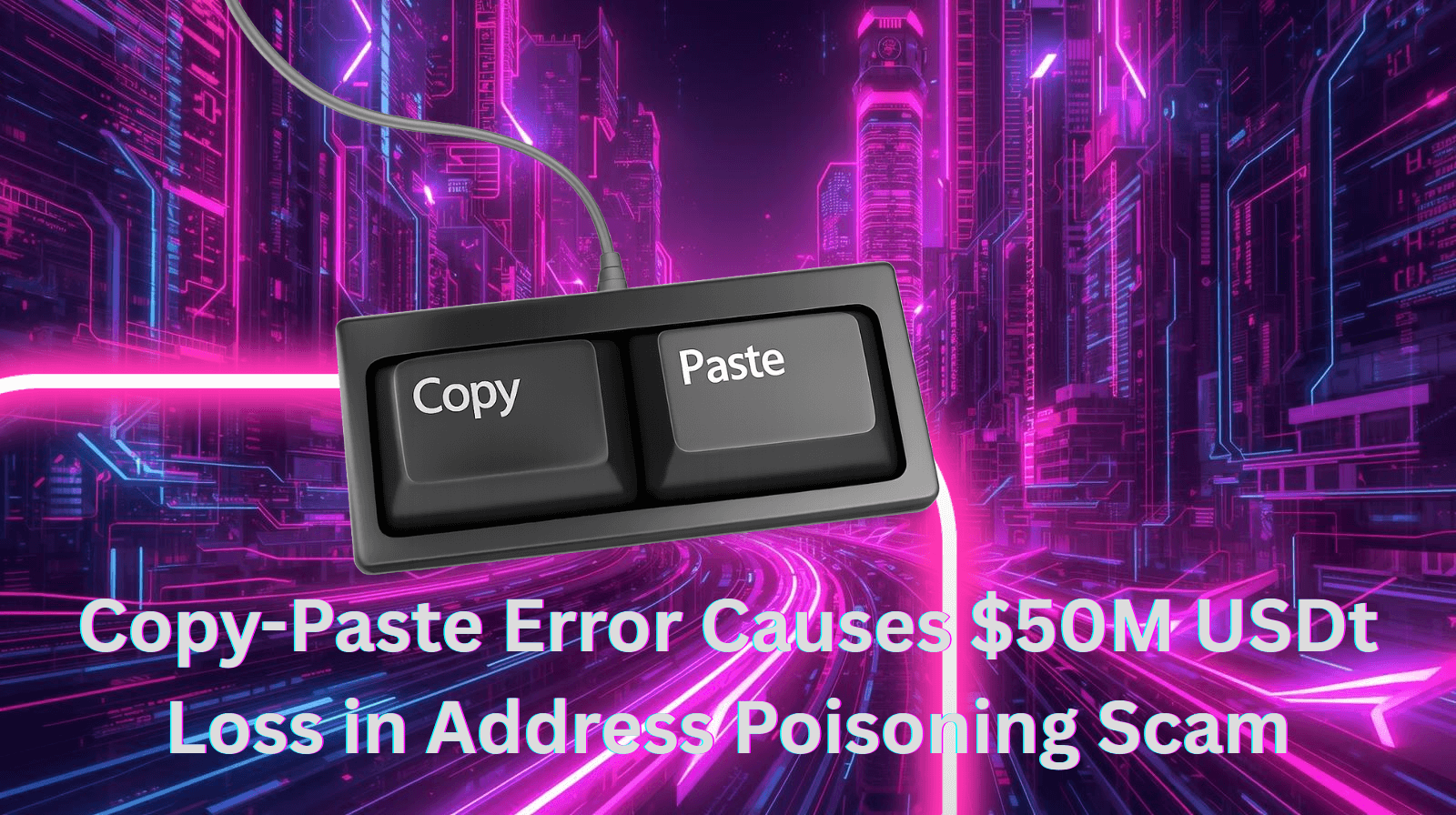 Neon fütüristik şehir arka planında “Copy” ve “Paste” tuşları bulunan bir cihaz ve “Copy-Paste Error Causes $50M USDT Loss in Address Poisoning Scam” yazısı; USDT dolandırıcılığı, adres zehirleme saldırıları ve kripto güvenlik hatalarını temsil ediyor.