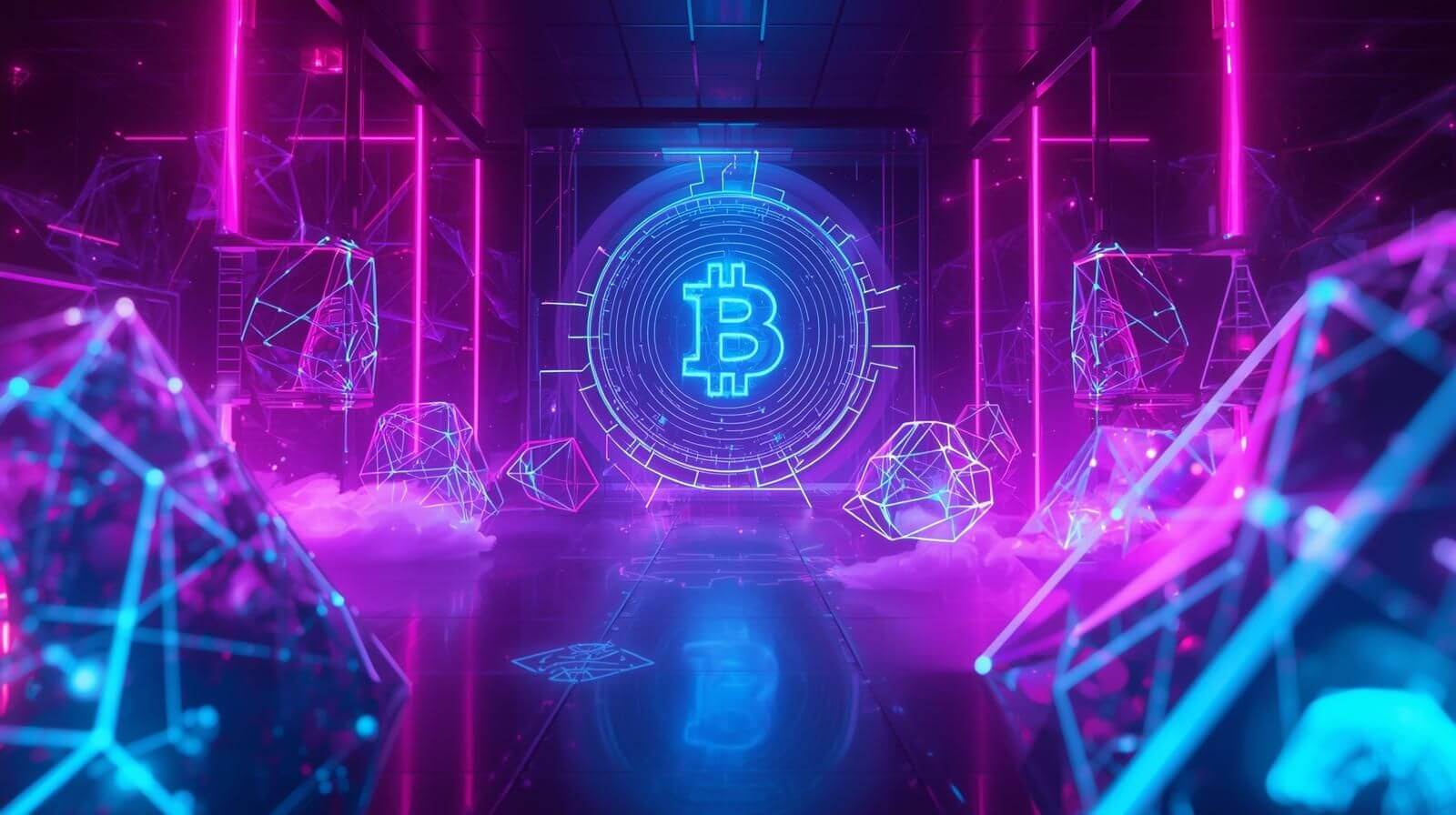 Futuristic digital artwork featuring a glowing Bitcoin symbol in neon blue and pink, surrounded by geometric blockchain shapes and network lines, symbolizing cryptocurrency and digital innovation.