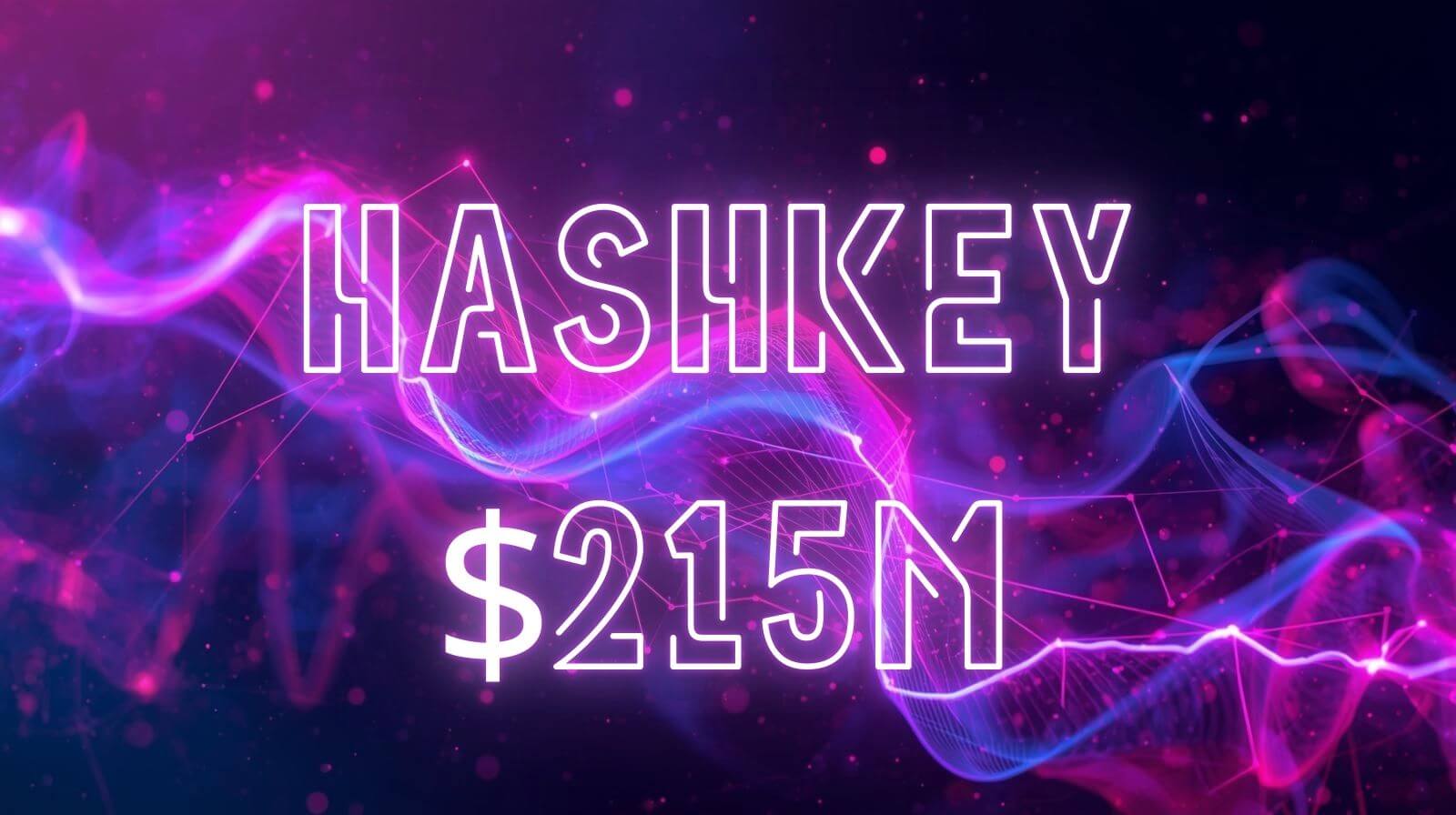 A neon digital graphic displaying the text ‘HashKey 215M$’ over a futuristic pink and blue blockchain-themed background.