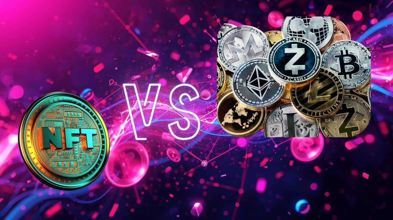 Image showing a large colorful NFT coin on the left and a pile of various cryptocurrency coins (such as Bitcoin, Ethereum, Litecoin, and others) on the right, with a glowing ‘VS’ in the center on a vibrant neon