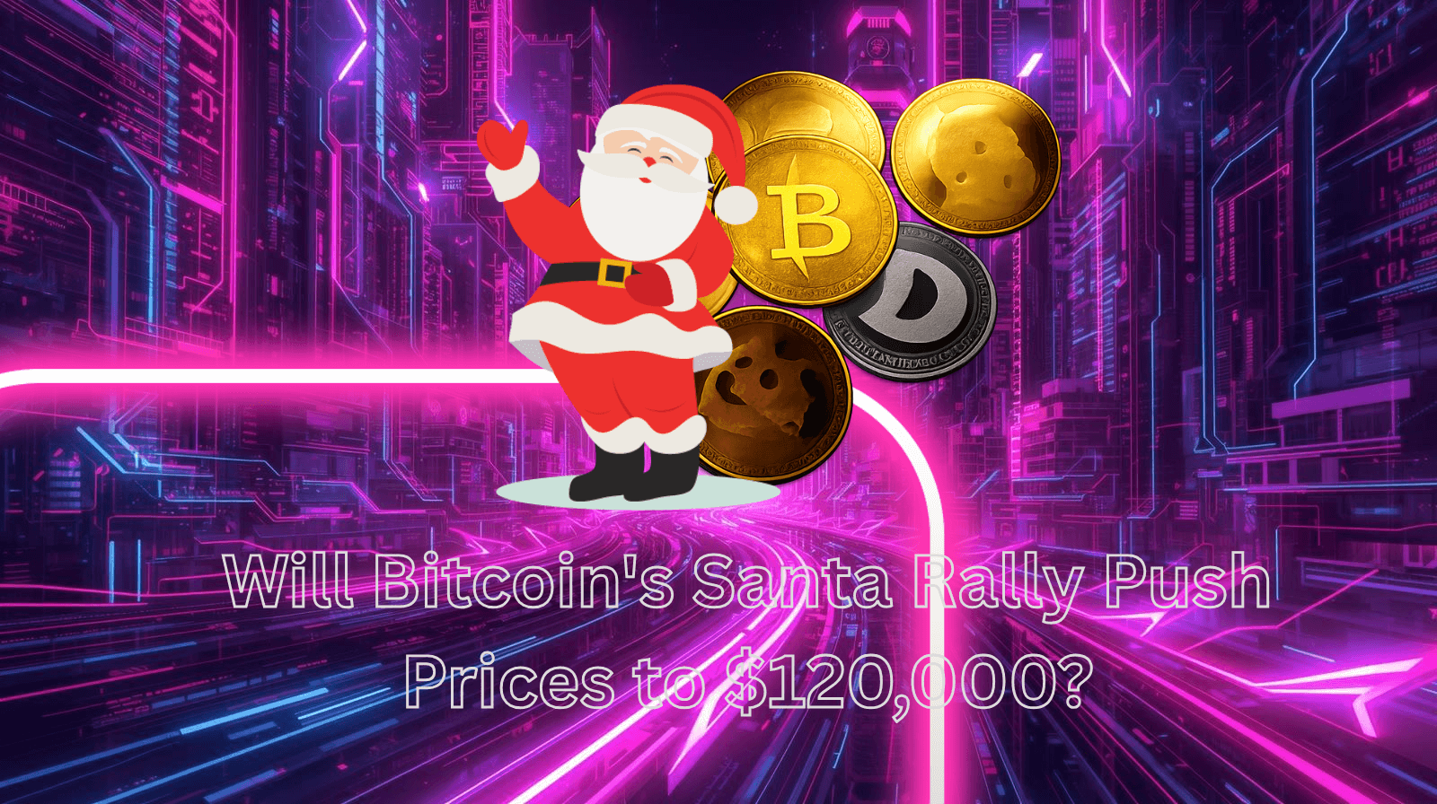 Fütüristik şehir fonunda Noel Baba figürü ile Bitcoin, Ethereum ve Dogecoin kripto paralarını gösteren ve “Will Bitcoin’s Santa Rally Push Prices to $120,000?” yazısını içeren görsel; Bitcoin Noel rallisi ve kripto piyasası iyimserliğini simgeliyor.