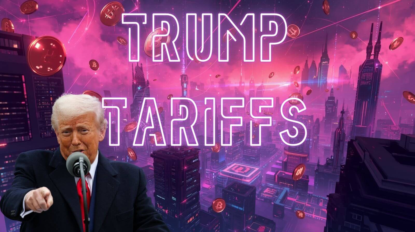 A digital image showing a man speaking at a microphone with the words “TRUMP TARIFFS” in neon lights above a futuristic city and floating Bitcoin coins.