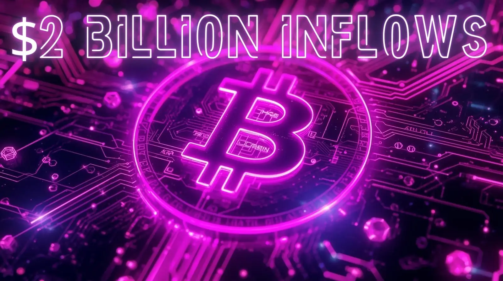 Futuristic neon illustration of a glowing Bitcoin symbol at the center of a digital circuit board, with bright purple and pink lighting and the text ‘$2 BILLION INFLOWS’ displayed at the top.