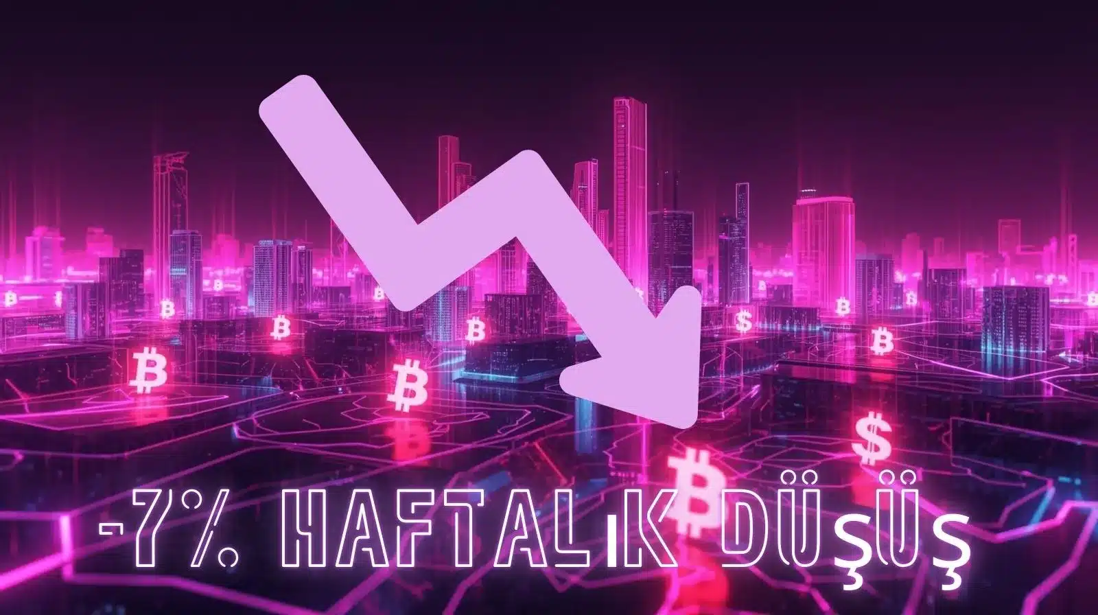 Neon tonlarda dijital bir şehir manzarası üzerinde Bitcoin sembolleri ve aşağı yönlü bir ok, kripto para piyasasında %7’lik haftalık düşüşü temsil ediyor.