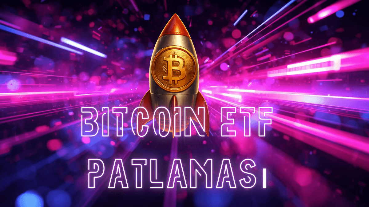 Bitcoin simgesi şeklinde bir roketin neon mor ve pembe tonlarda fütüristik bir arka plan içinde yukarı doğru fırladığını gösteren stilize bir illüstrasyon; parlak yazıda ‘2026’da Bitcoin ETF Artışı’ ifadesi yer alıyor ve Bitcoin ETF’lerindeki hızlı büyümeyi simgeliyor.