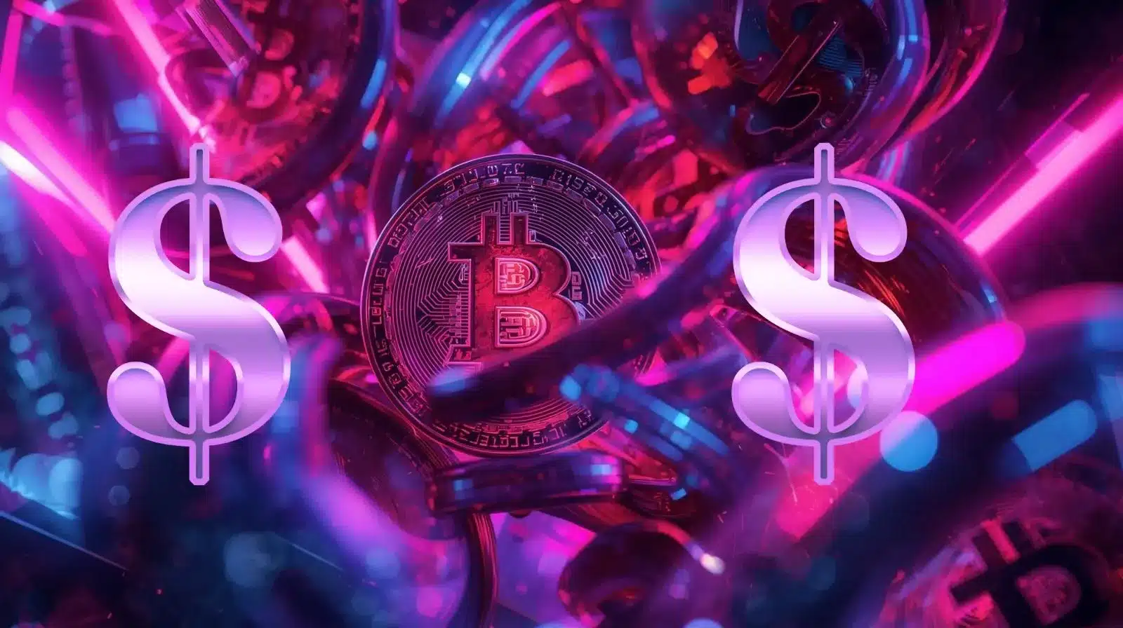 A glowing Bitcoin symbol surrounded by neon dollar signs and abstract digital elements, illustrating the relationship between Bitcoin price movement and the US dollar in the cryptocurrency market.