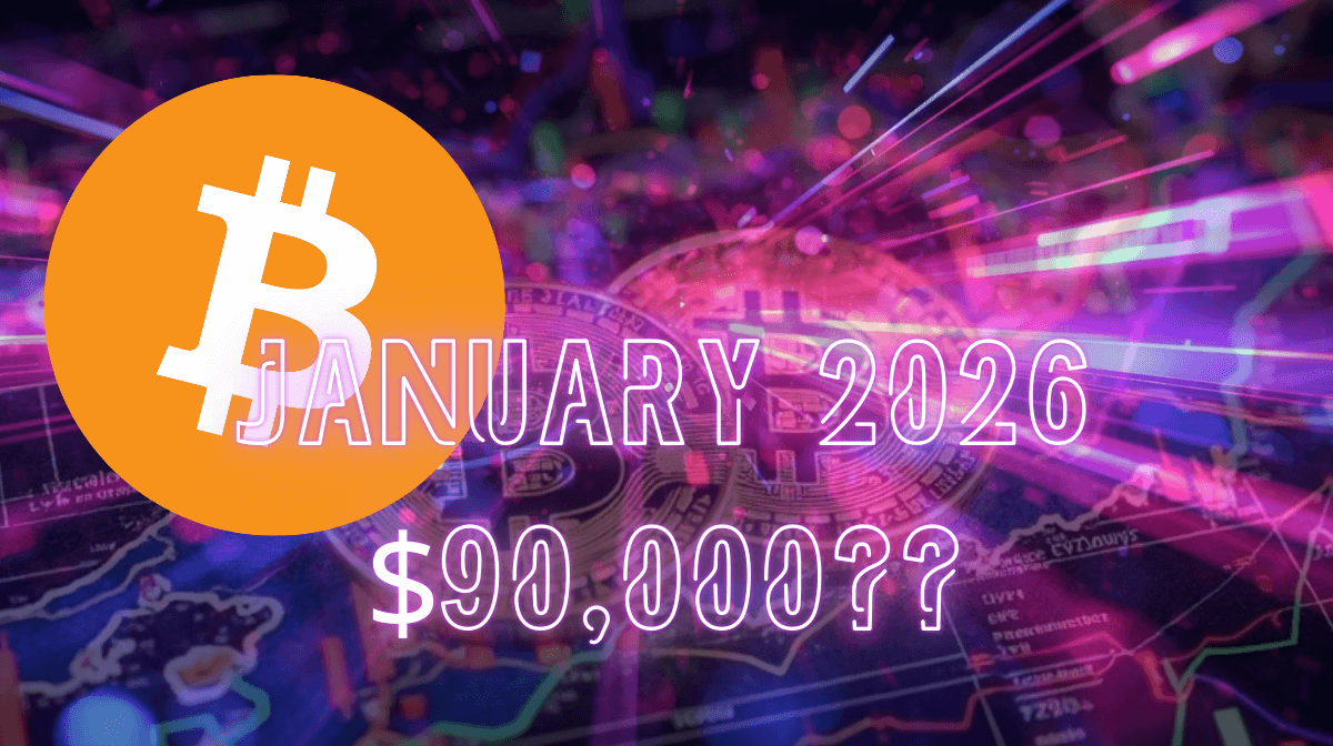 Fütüristik dijital bir arka plan üzerinde büyük bir Bitcoin logosu bulunan neon tarzda bir kripto para görseli. Görselde ‘January 2026’ ve ‘$90,000??’ yazıları yer alıyor ve Bitcoin fiyatına dair spekülatif bir tahmini ima ediyor