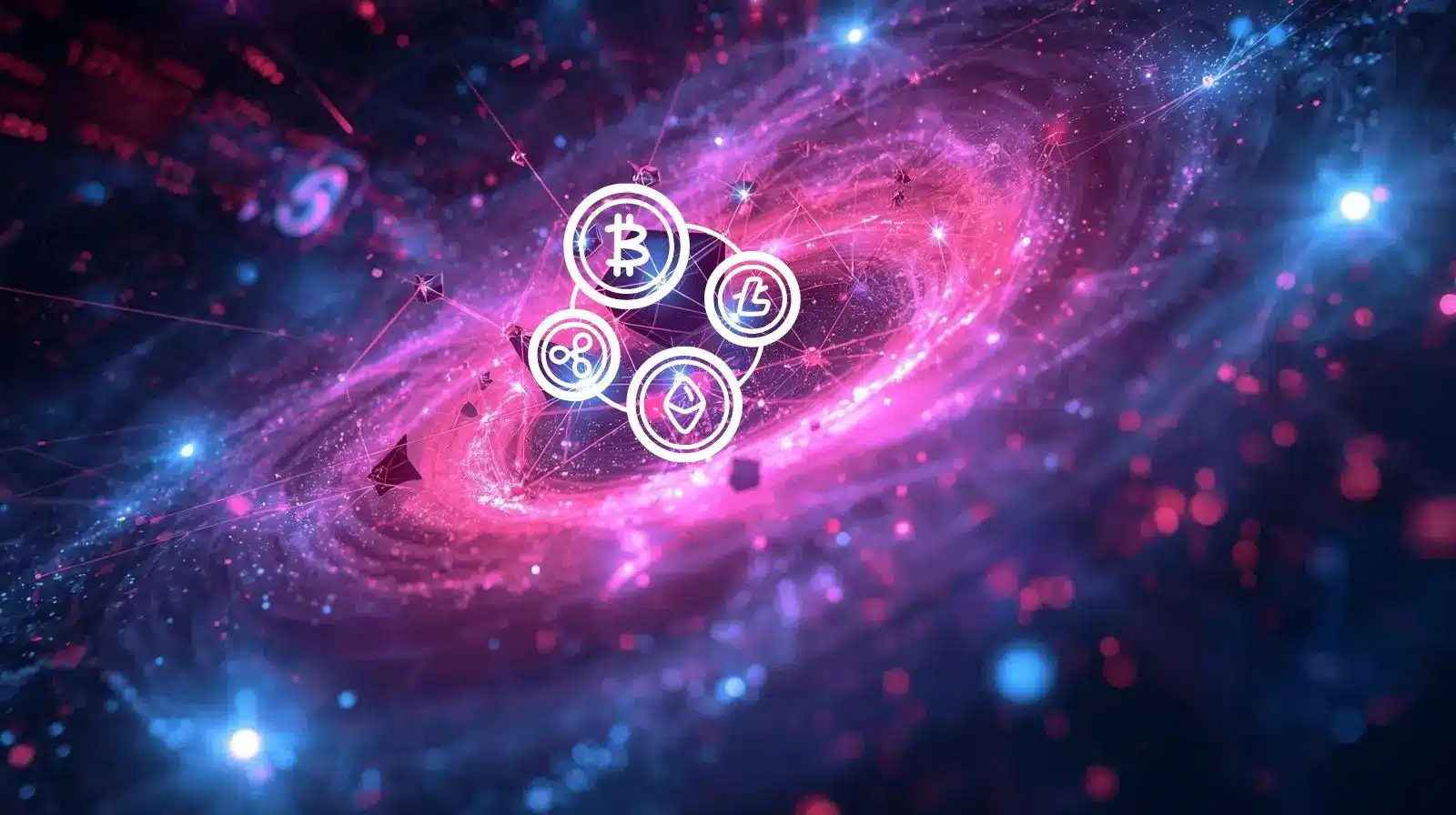 Kripto piyasasını ve dijital varlık ağını simgeleyen, merkezinde Bitcoin ve Ethereum dâhil birbirine bağlı kripto para simgelerinin yer aldığı, pembe ve mor ışıklardan oluşan dönen bir galaksiyi gösteren fütüristik, kozmik tarzda bir illüstrasyon.